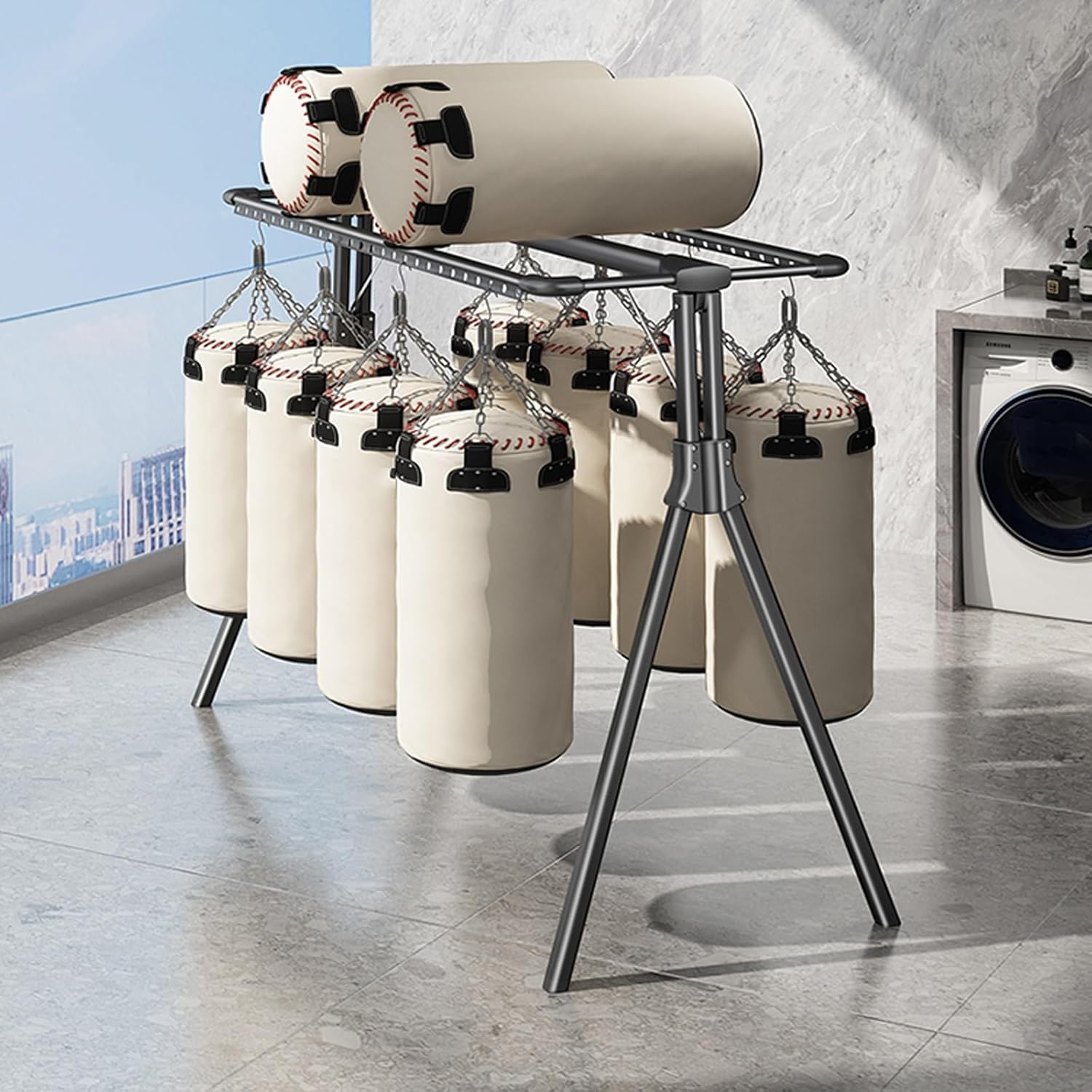 Double Rod Clothes Rack - Adjustable & Foldable Laundry Drying Rack for Indoor/Outdoor Use, Space-Saving Design Perfect for Balconies (Champagne Color)