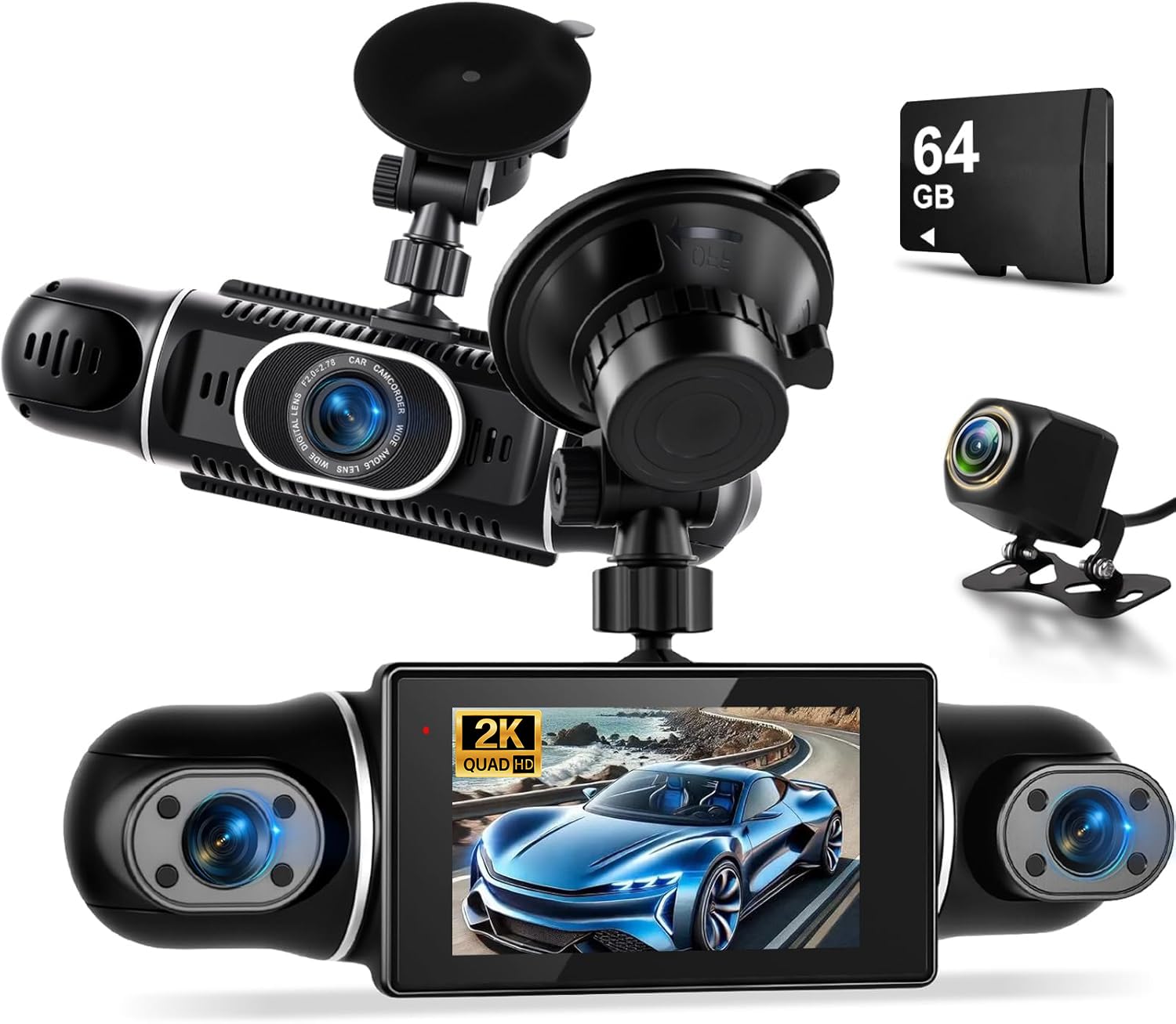 NHOPEEW Cámara para salpicadero 2K 360° de 4 Canales: cámara para Coche con Pantalla IPS de 3 Pulgadas, Sensor G, aplicación WiFi, visión Nocturna y Tarjeta de 64 GB