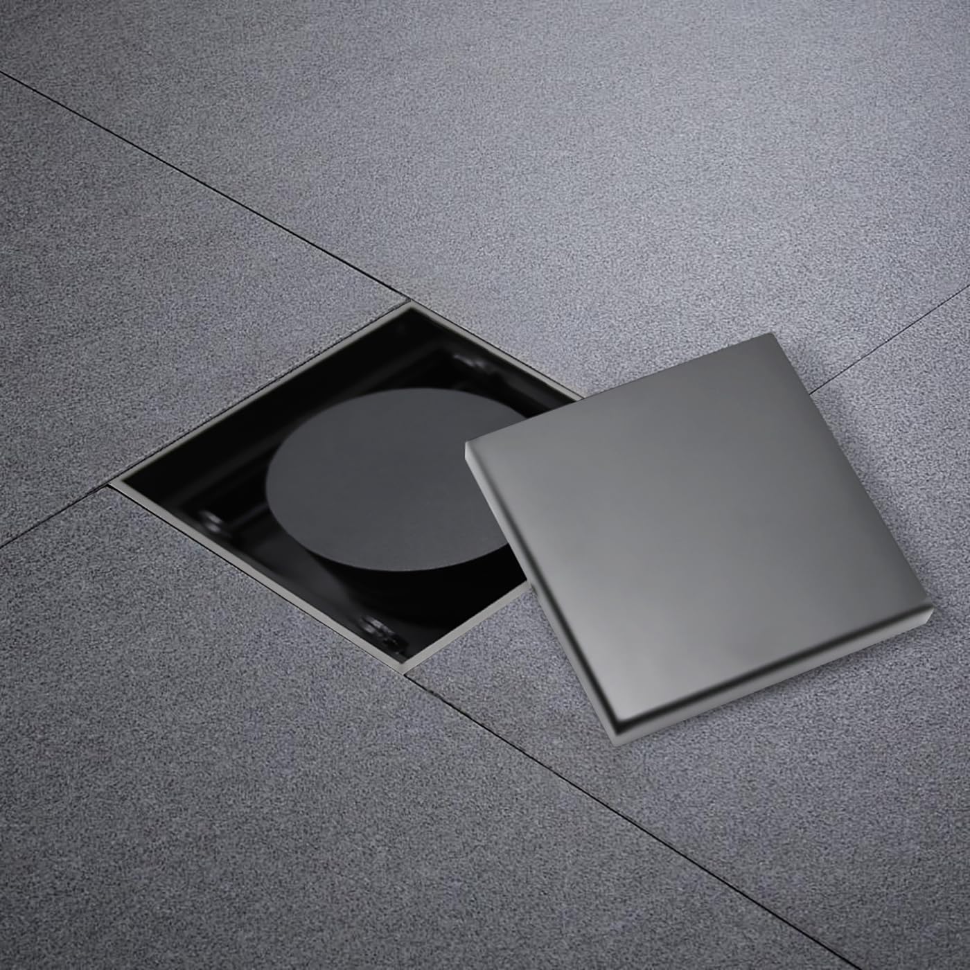FerdY 4" Square Shower Floor Drain, Tile Recessed with Removable Hidden Cover, Stainless Steel, Gun Gray Floor Drain for Bathroom