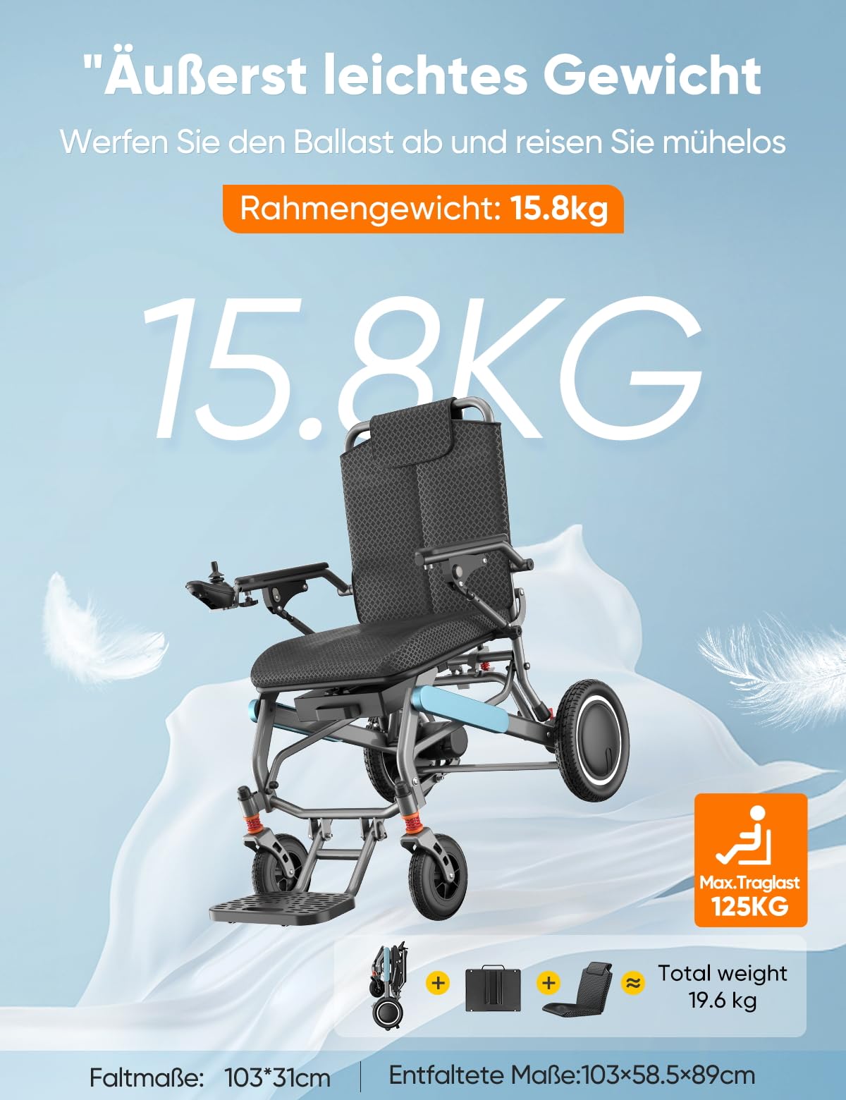 Elektrischer Rollstuhl nur 15,8 kg leicht & klappbar | 20 km Reichweite | Geländetauglich | 125 kg Tragkraft | LED-Leuchte Elektromagnetische Bremse | Ideal für Reise & Alltag