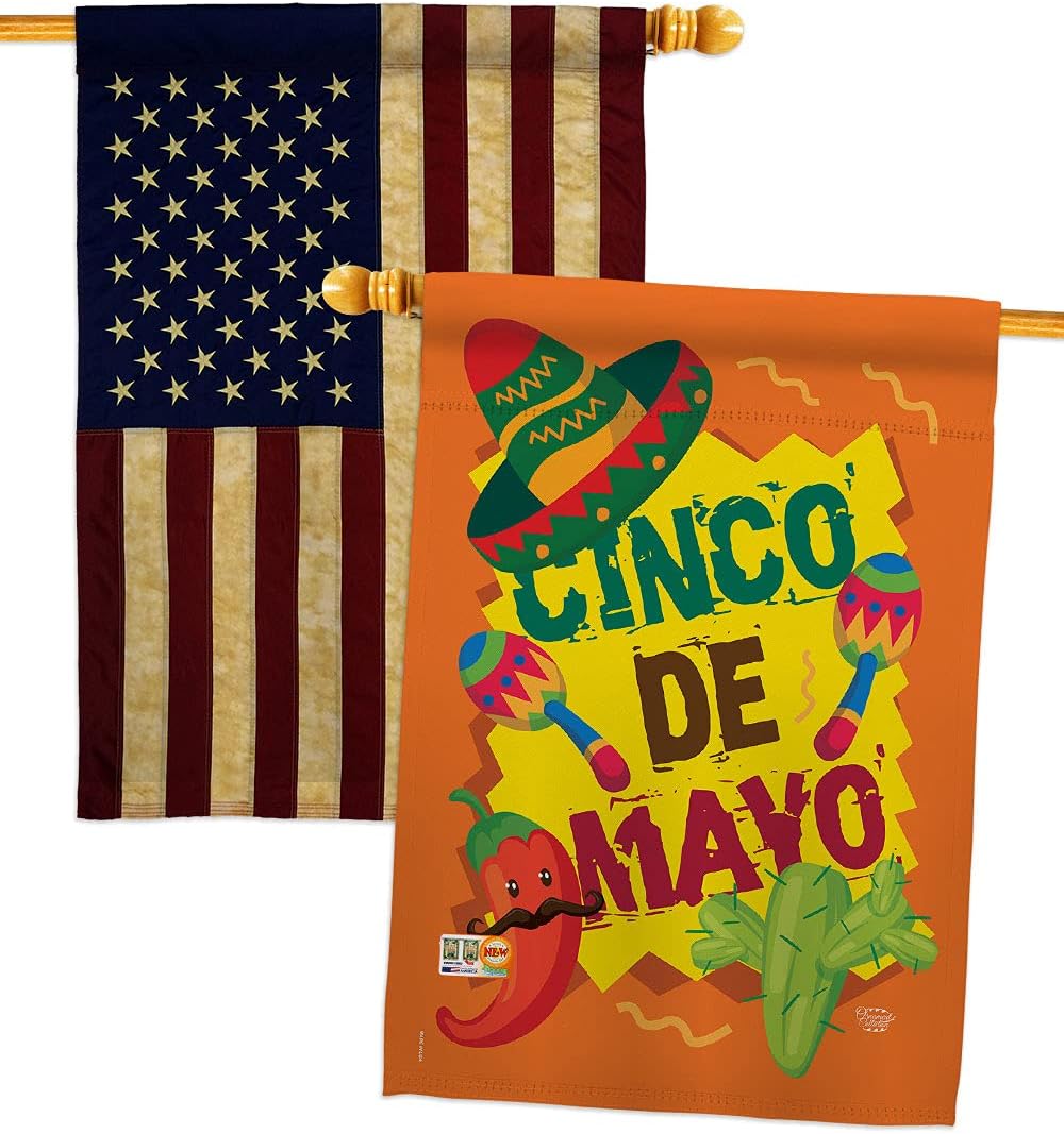 Cinco de Mayo House Flag - Pack Summer Party Cactus Pinata Sombrero Mexican Fiesta Outdoor USA Vintage Applique - Decoration Banner Small Garden Yard Gift Double-Sided Made In 28 X 40