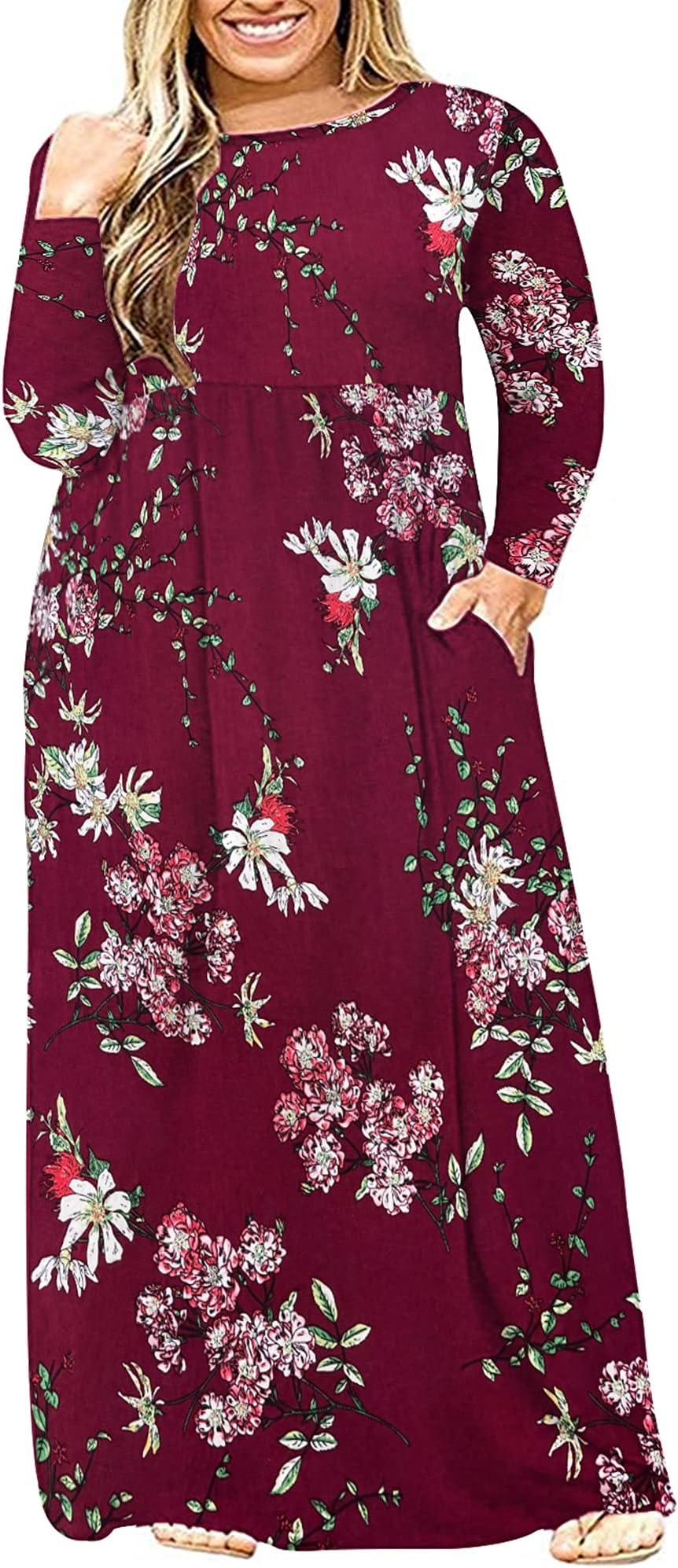 Women's Plus Size Long Sleeve Loose Plain Casual Long Maxi Dresses with Pockets
