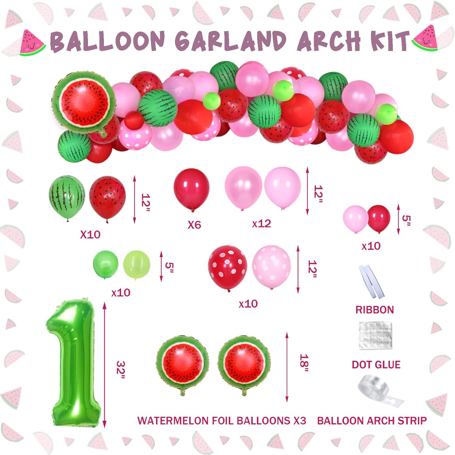 Hombae One In A Melon Party Decorations – 199 PCs Watermelon Themed 1st Party Supplies with Backdrop, Balloon Garland, Plates, Napkins, Cups, Tablecloth, Banner, Cake Topper