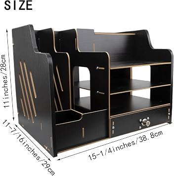Bamboo Desk Organizer, Desktop Wood Bookshelf File Organizer, Pen Holder and Tissue Holder, 1 Drawer with lock for Office, Home, Need to Install (Light black)