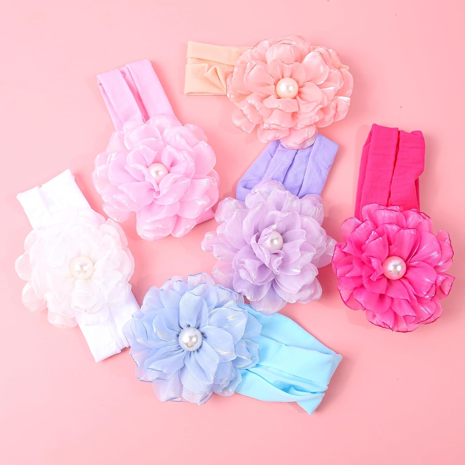 XIMA Baby Girl Headbands with Large Chiffon Flower and Pearl, Soft Elastic Hair Accessories for Newborn Infant Toddler, 6 Pack