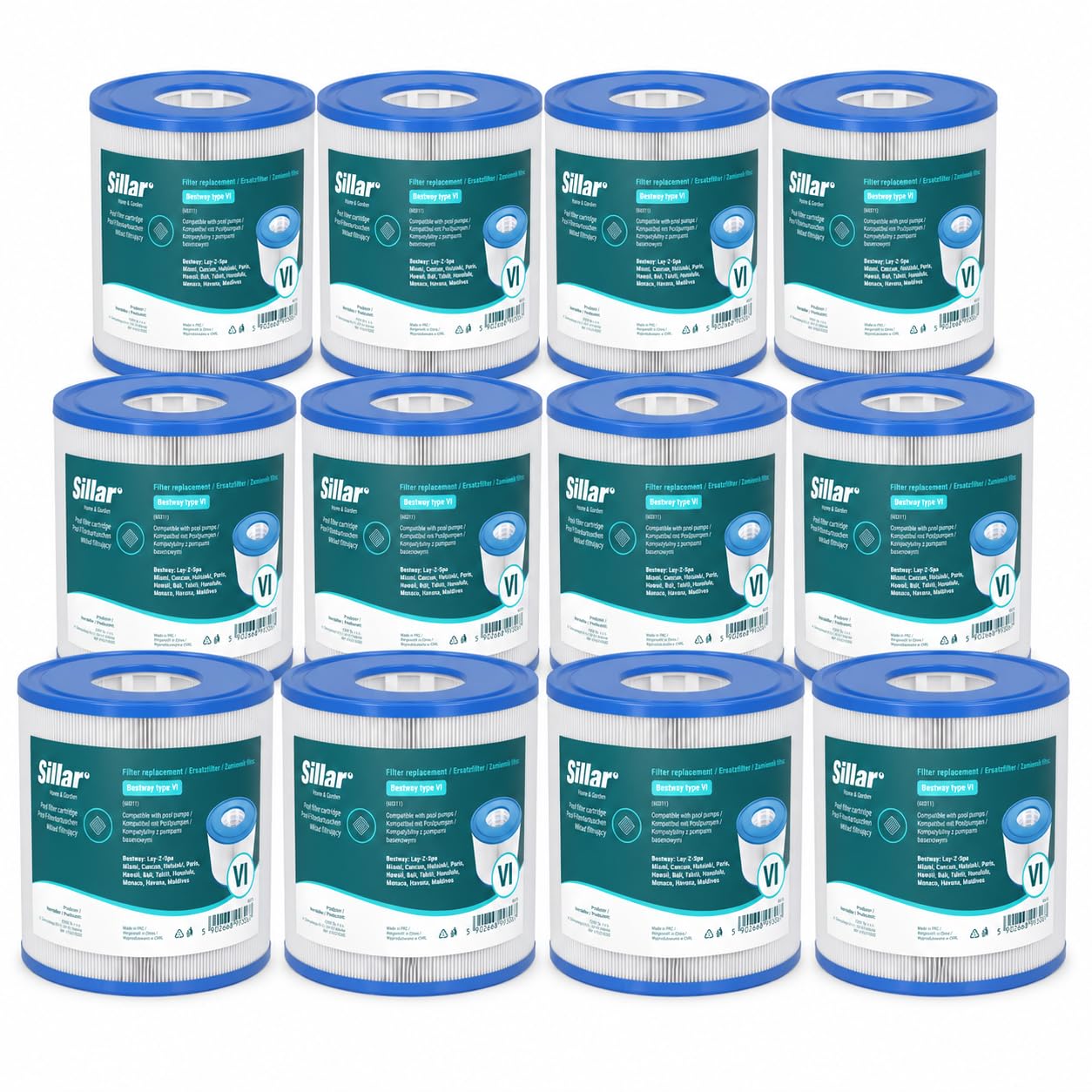 Sillar Filtr Kartuszowy Typ VI Ø 7,9 cm × 10,4 cm – 12 wkładów do pomp Bestway Lay-Z-Spa Miami, Cancun, Helsinki, Paris, Bali, Tahiti, Honolulu