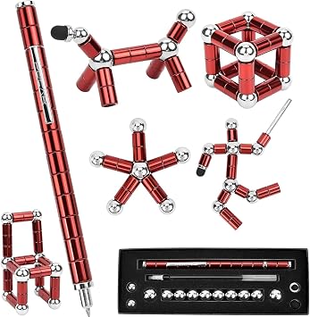 Fidget Pen Decompression Magnetic Metal Pen, Relieving Stress Build Various of Shapes, Multifunctional Deformable Magnet Writing Polar Pen for Christmas Gift Red