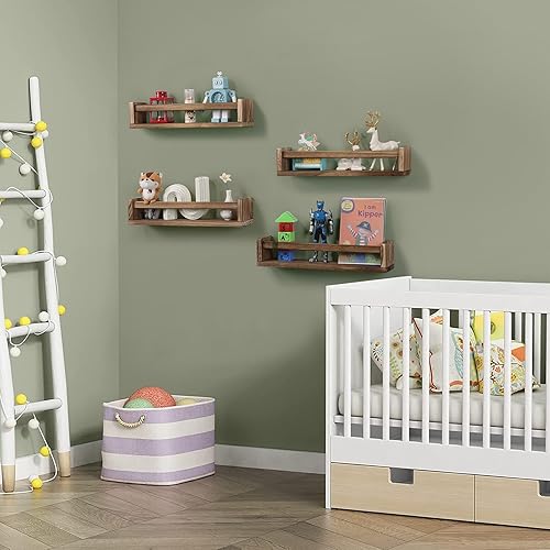 Miniatura 5 de Juego de 4 estantes flotantes de madera para habitación de niños, estante de libros para guardería, estante de especias de cocina (carbonizado)