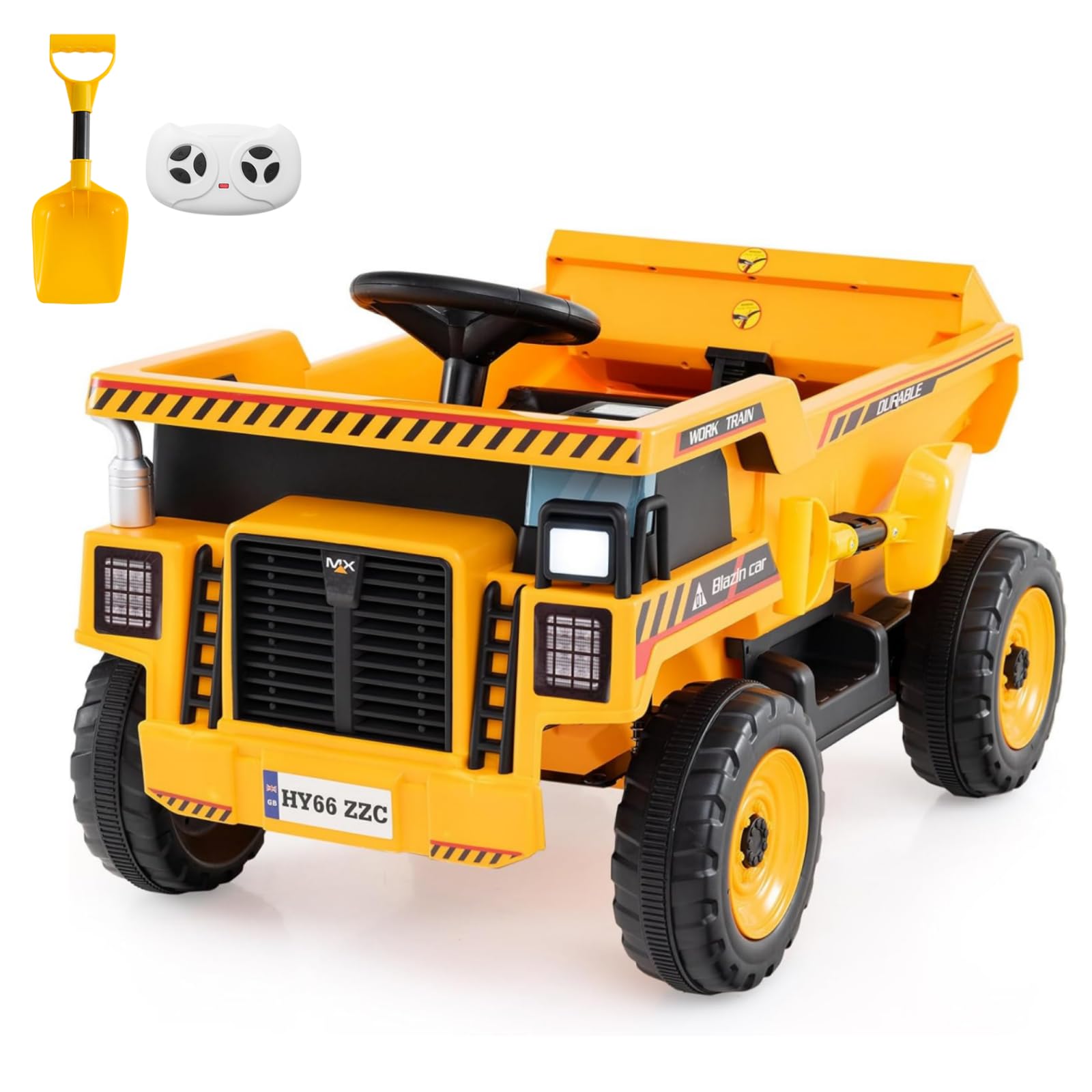 COSTWAY 24V Ride on Dump Truck, Kids Electric Car with Remote Control, Dump Bed, Music, Extra Shovel, Ride on Construction Vehicles for Boys Girls