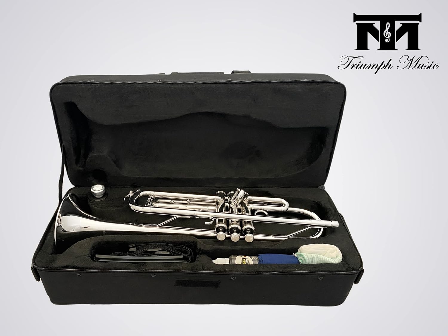 Triumph Bb Trumpet, Brass Instrument, Standard Trumpet Set for Students Beginners with Hard Case, Valve Oil, Cleaning Kit, 7C Mouthpiece, White Gloves, 6416N (Nickel Silver)