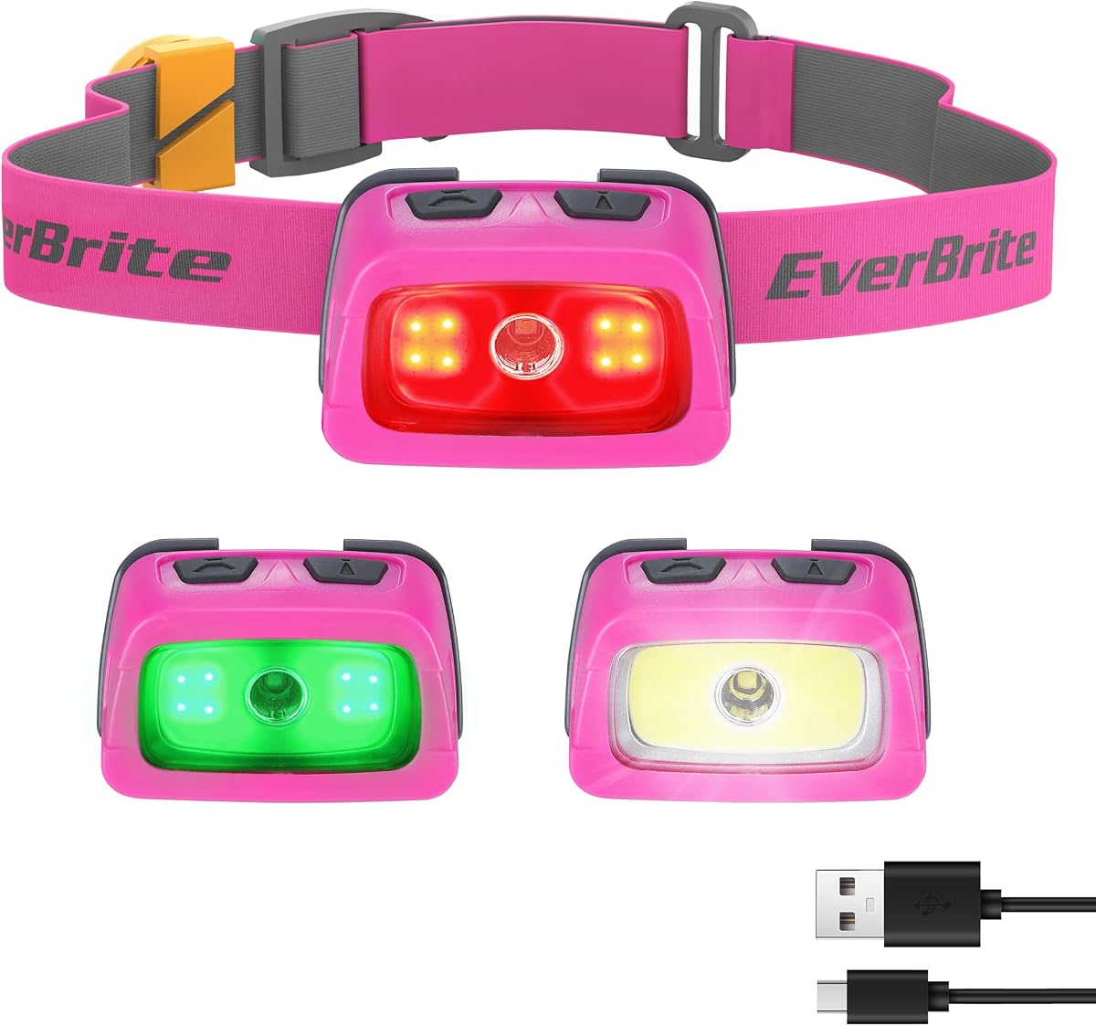 Linterna frontal recargable EverBrite 350LM con luz roja, blanca y verde | Luz trasera, luz blanca roja verde, función de memoria, diseño regulable, 7 modos, inclinable 30° para trail running, camping, caza
