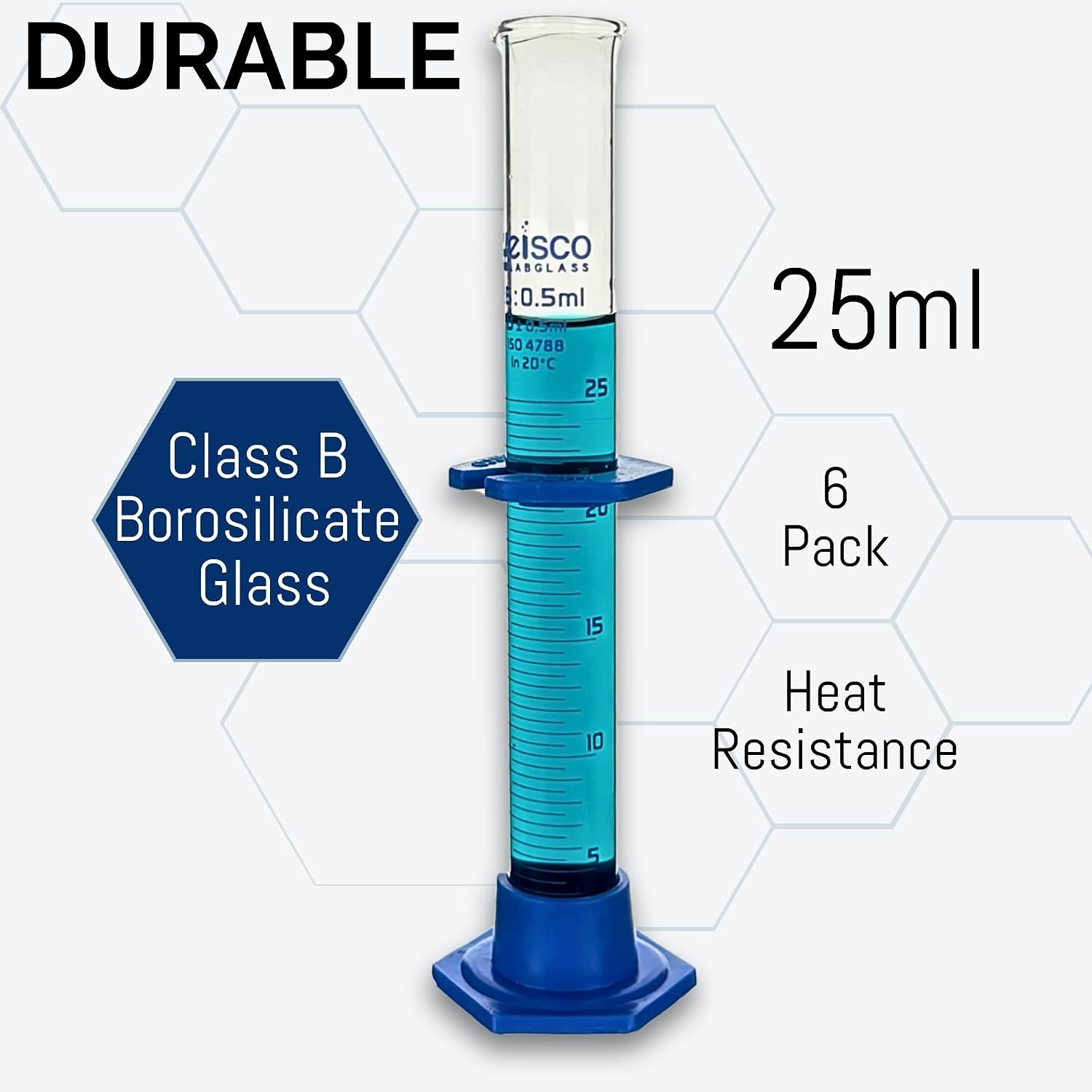 Eisco Labs - 25mL Borosilicate Glass Measuring Cylinder with Spout, Detachable Hexagonal Base & Protection Collar – Class B, 0.5mL Increments, Heat Resistant for Science Labs & Classrooms, 6 Pack