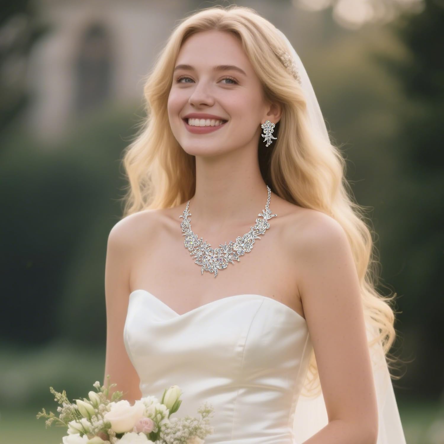 BriLove Women's Wedding Jewelery Set Leaf Flower Shiny Gorgeous Crystal Cluster Pendant Necklace Dangle Earrings for Bridal Party Prom Accessories - Image 3