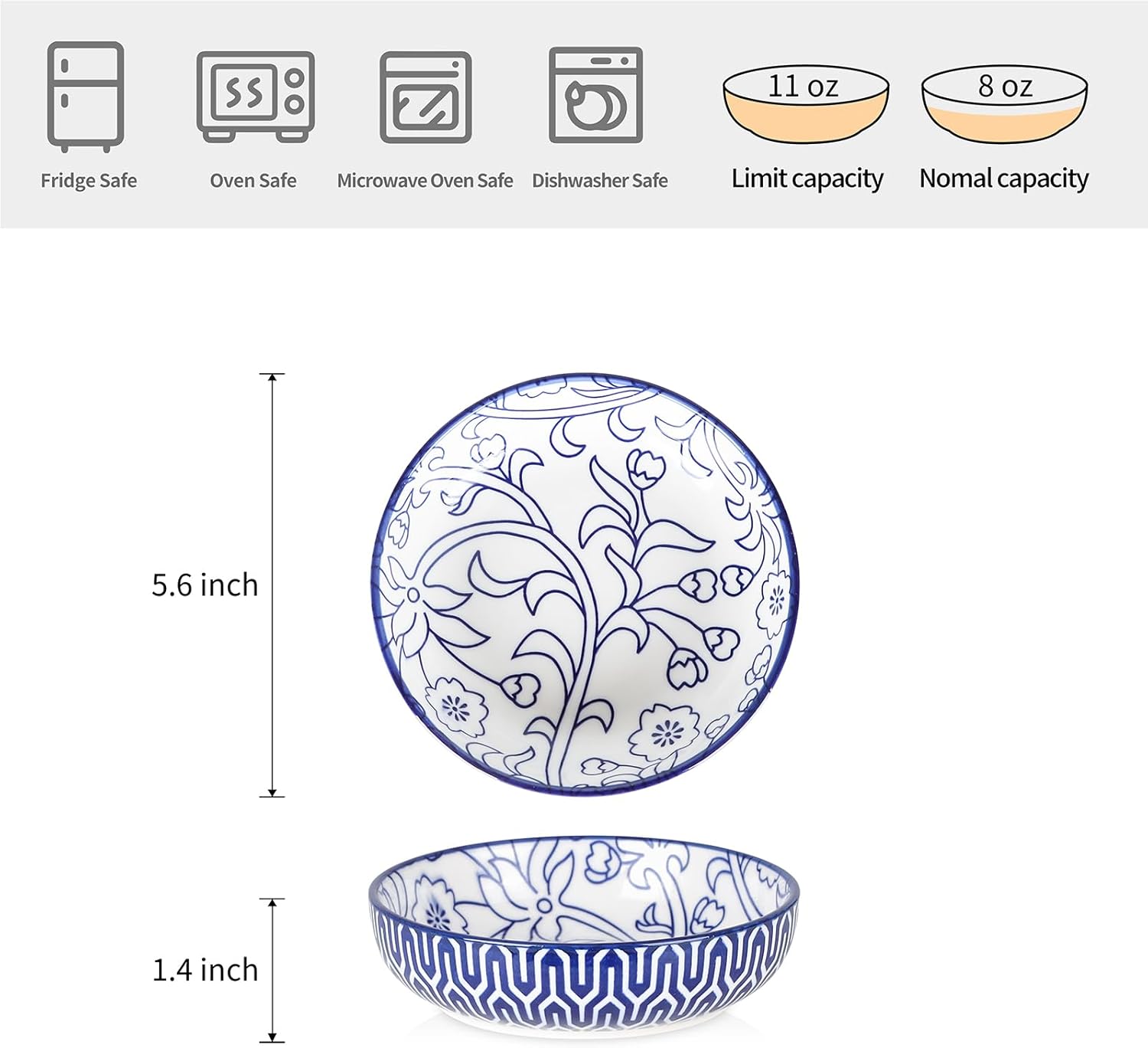 Selamica Ceramic Cat Food Bowl Set of 4, 5.6 Inch Wide Shallow Cat Bowls/Dishes for Food and Water, Vintage Blue