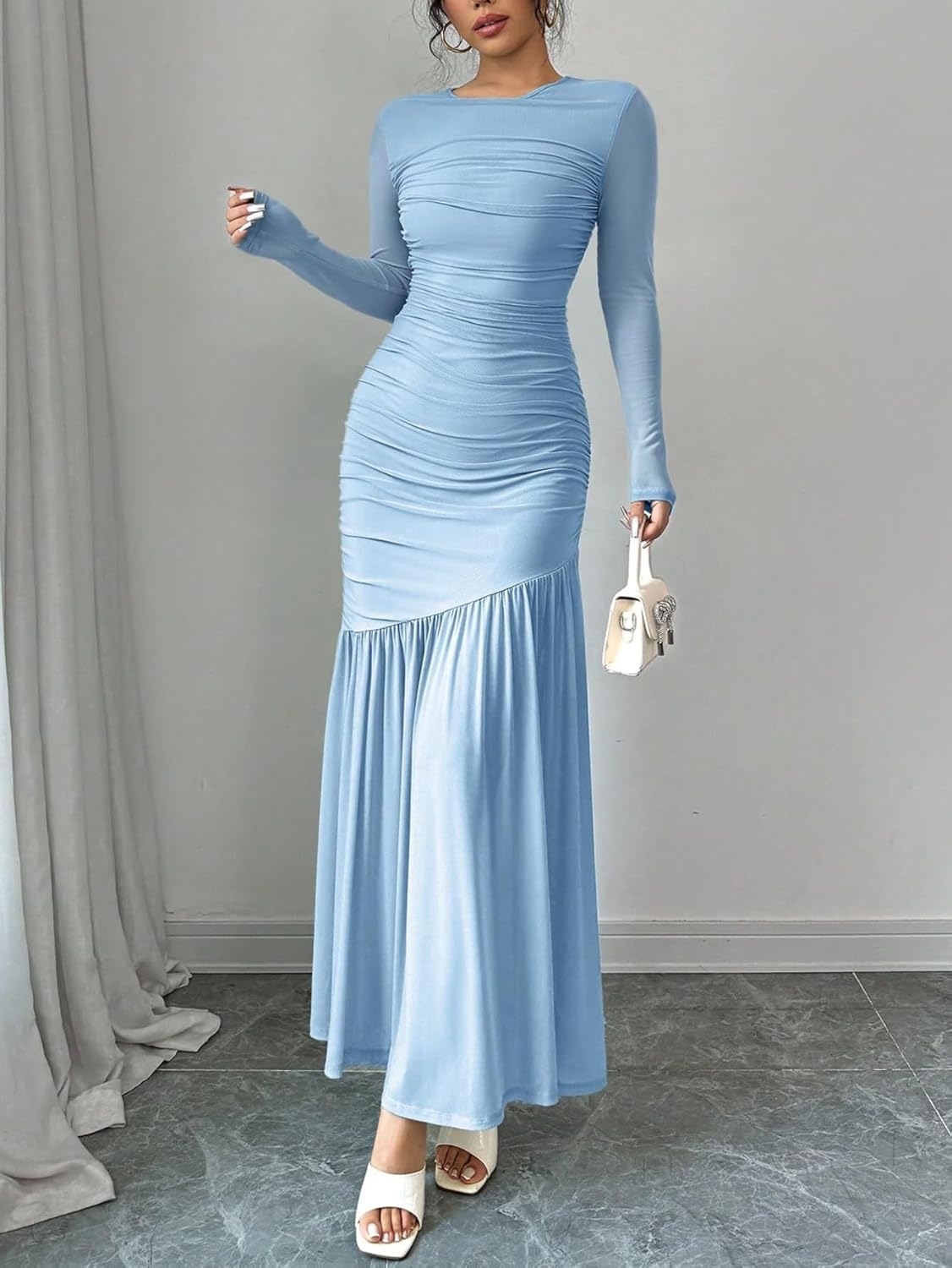 LIGHT DOT Women's Formal Bodycon Maxi Dress Long Sleeve Mesh Ruched Cocktail Prom Dress