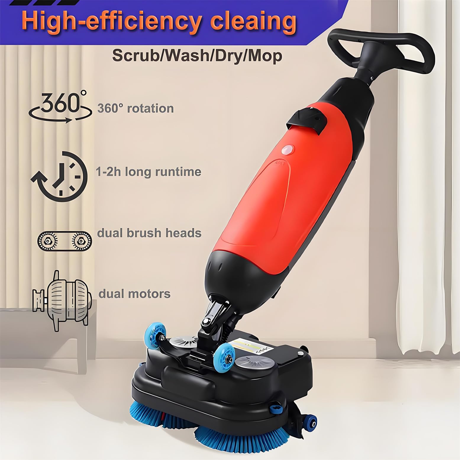 Lavapavimenti professionale a batteria per impieghi gravosi, macchina per la pulizia con 2 motori da 200 W, serbatoi per acqua pulita da 4 litri e acqua sporca da 6 litri, alimentazione a 36