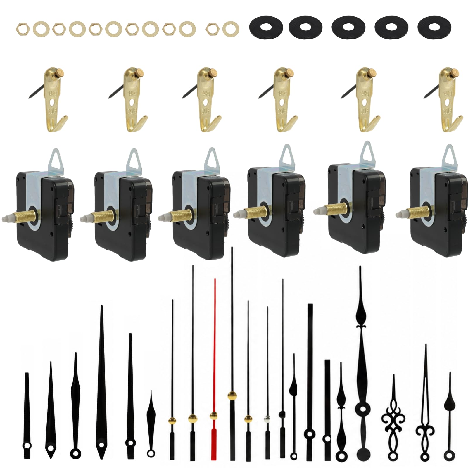 6 Pièces Mécanismes d’Horloge à Quartz,Mécanisme D'horloge,Mécanisme De Mouvement D'horloge,Kit de Réparation avec Mécanisme à Longue Tige et Couple Élevé,Incluant 6 Styles d’Aiguilles