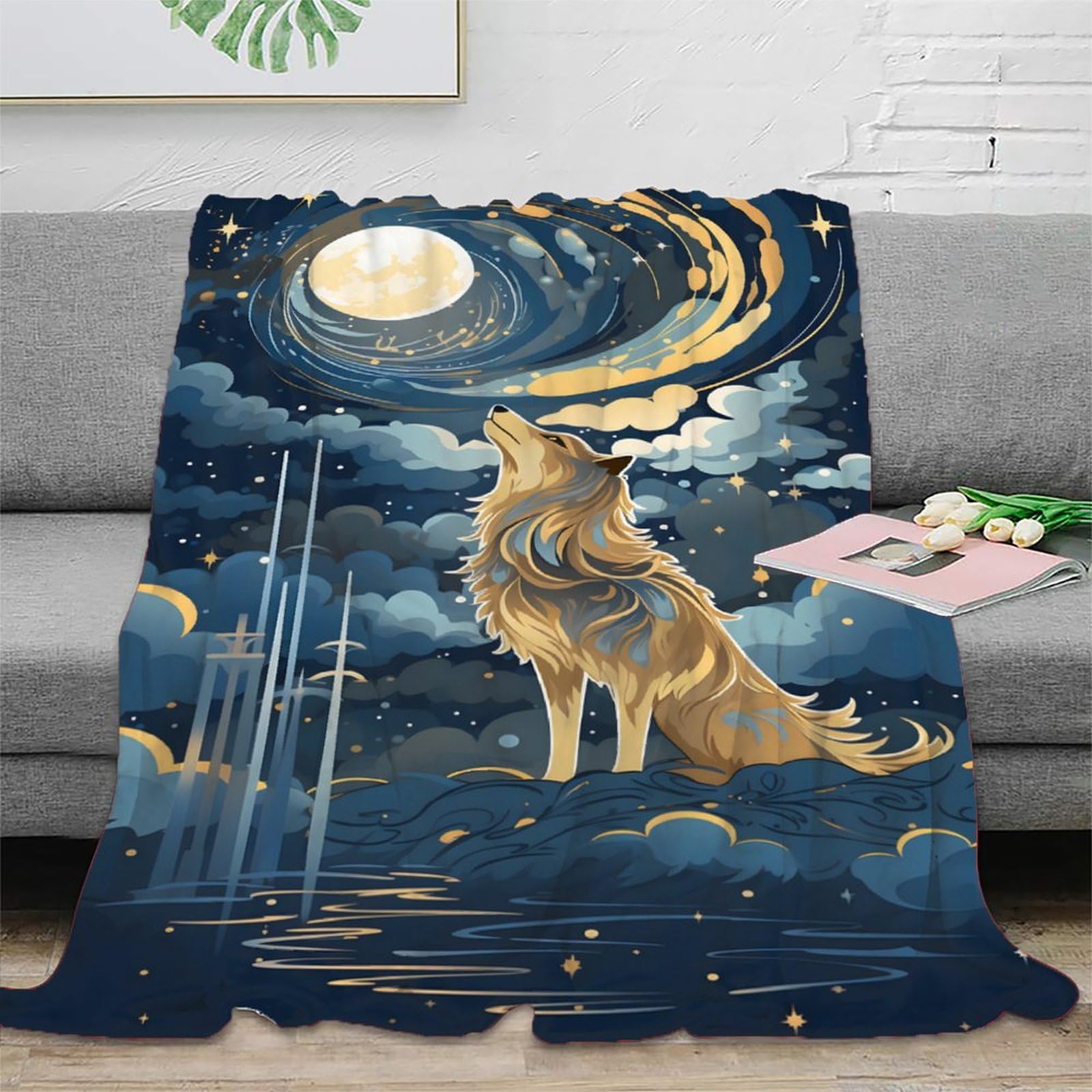 Couverture loup 3D contre le froid hivernal sur votre canapé