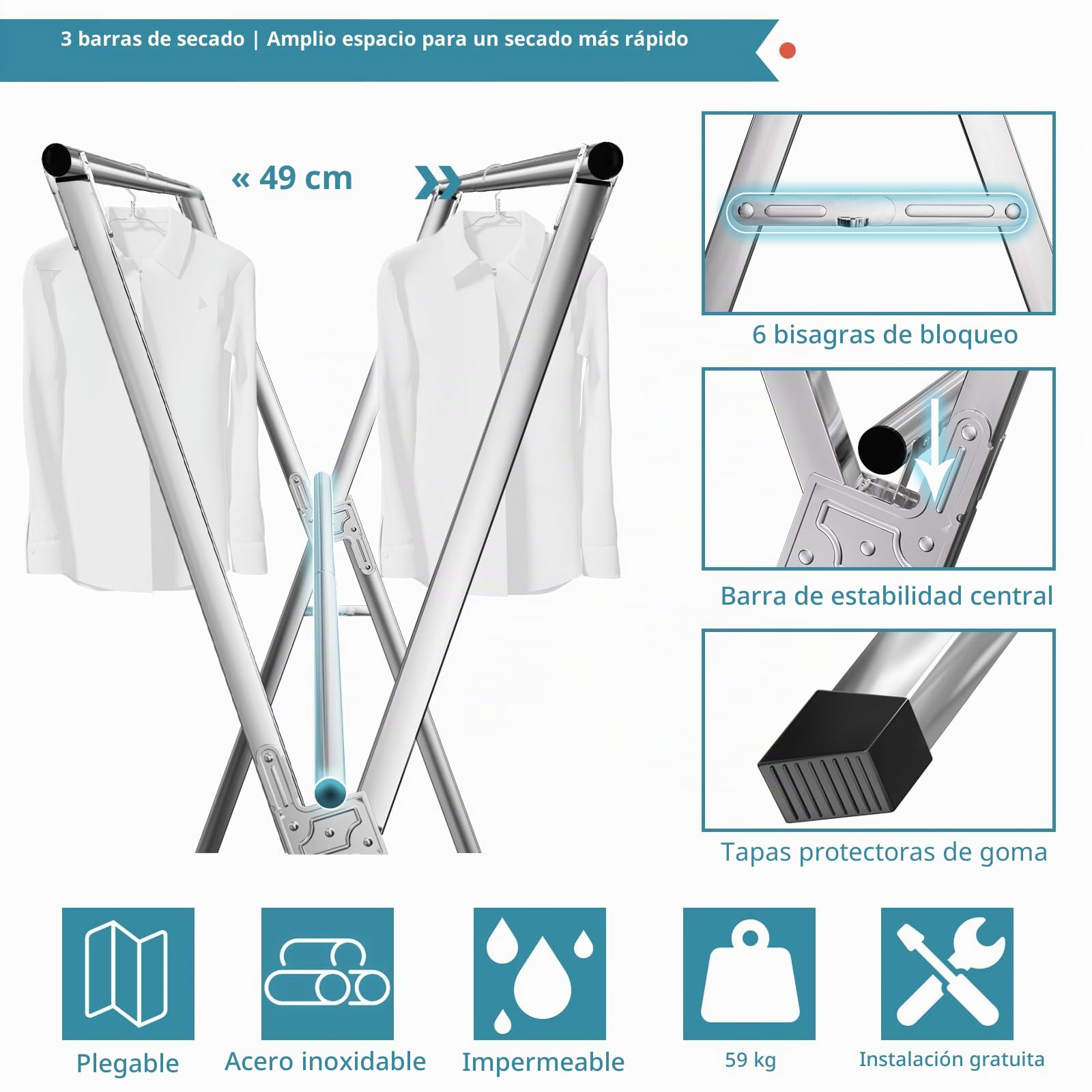 JAUREE Tendedero de ropa de 95 pulgadas, estante de secado plegable para interiores y exteriores, estante de lavandería de acero inoxidable resistente, plegable, portátil, grande, con 20 ganchos