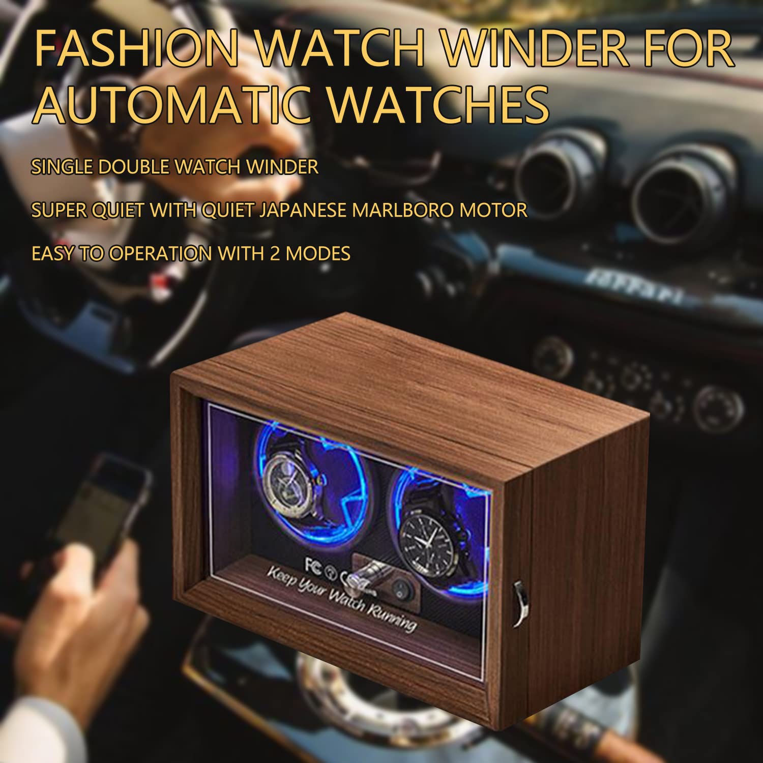 WYMAMJK Double Watch Winder for Automatic Watches with Quiet Japanese Marlboro Motor,5 Rotation Mode AC Adapter or USB Powered (Walnut Double)