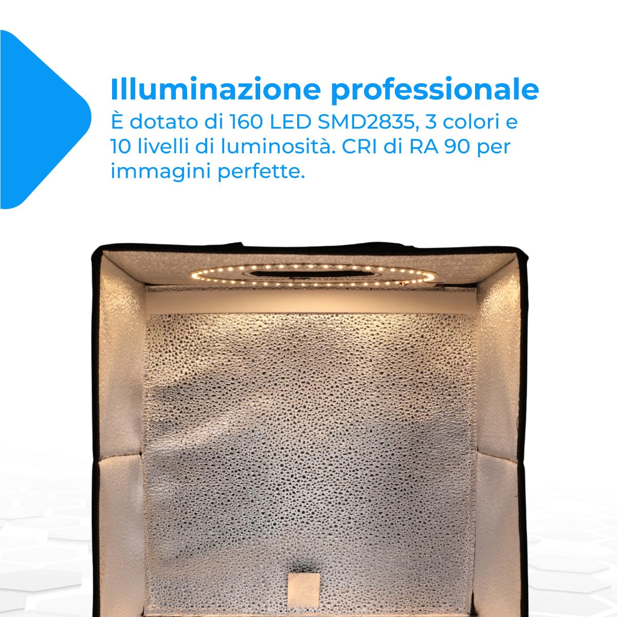 NK Scatola Box Fotografico (60x60cm) - 160 LED, 3 Temperature di Luce, Luminosità Regolabile x10, RA90, Piccoli Prodotti Gioielli, Maniglia per il Trasporto (3 Sfondi Colorati)