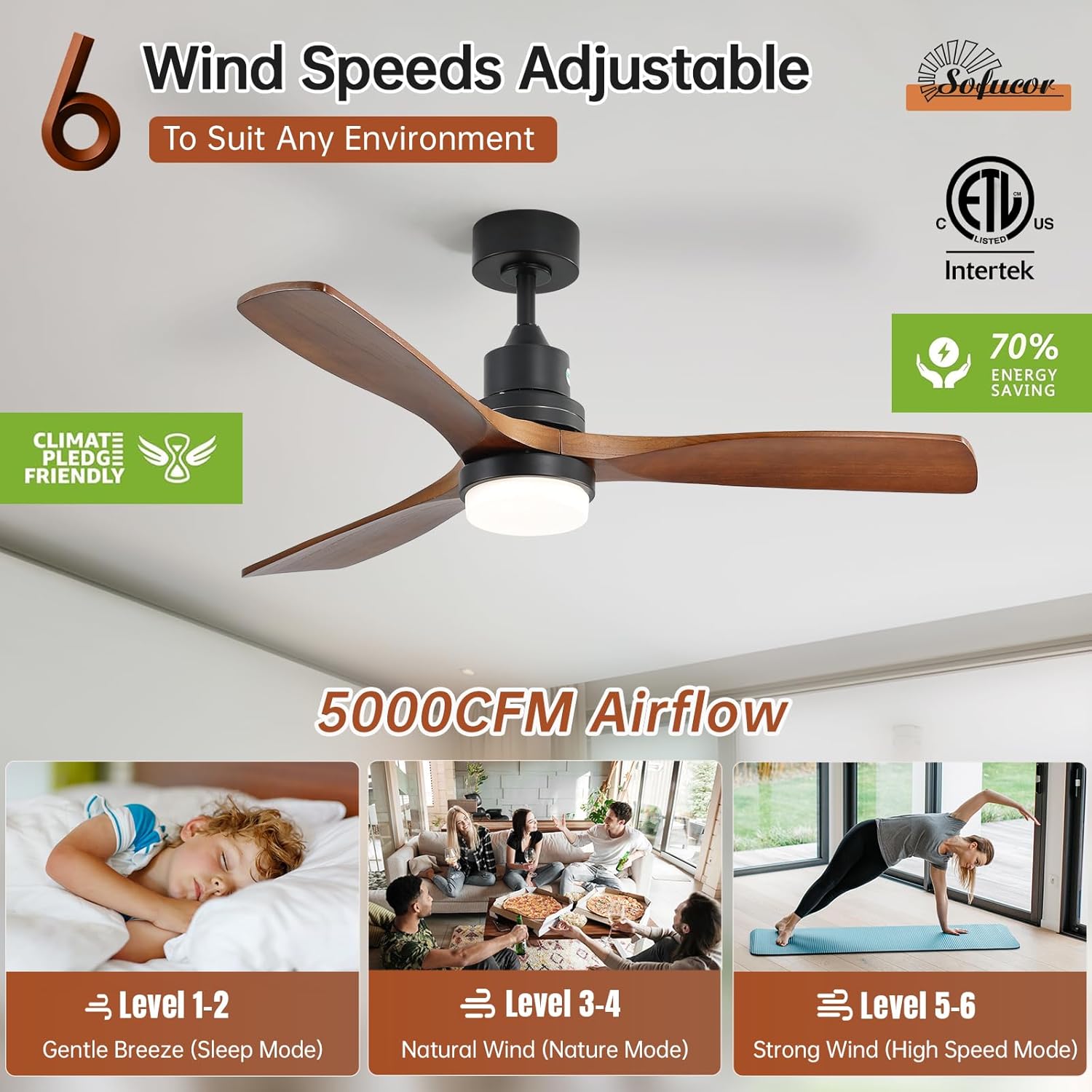 Sofucor 52 Inch Ceiling Fan with Light and Remote - 3 Solid Walnut Wood Blades, Quiet DC Motor, 6 Speeds 5000CFM, Dimmable 3-Color LED with Memory, Timer & Reversible for Indoor Outdoor, ETL