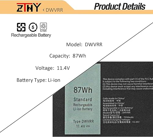 Miniatura 3 de ZTHY 87Wh DWVRR - Batería de repuesto para laptop Dell Alienware x17 R1 R2 Alienware x15 R1 R2 Inspiron 16 7620 2 en 1 Series Notebook 0017GN 0NR6MH
