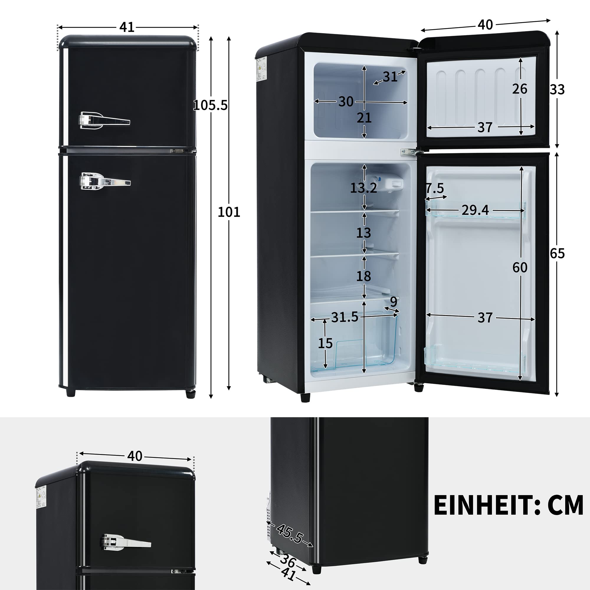 Frigorífico Mini 92L, Frigorifico Pequeño con Congelador (28L+64L), Frigorifico Combi con LED, 105,5x41x45,5 cm Frigorífico no Frost con 2 Estantes Ajustables, 116 kWh/año, -27°C∽13°C (Black)