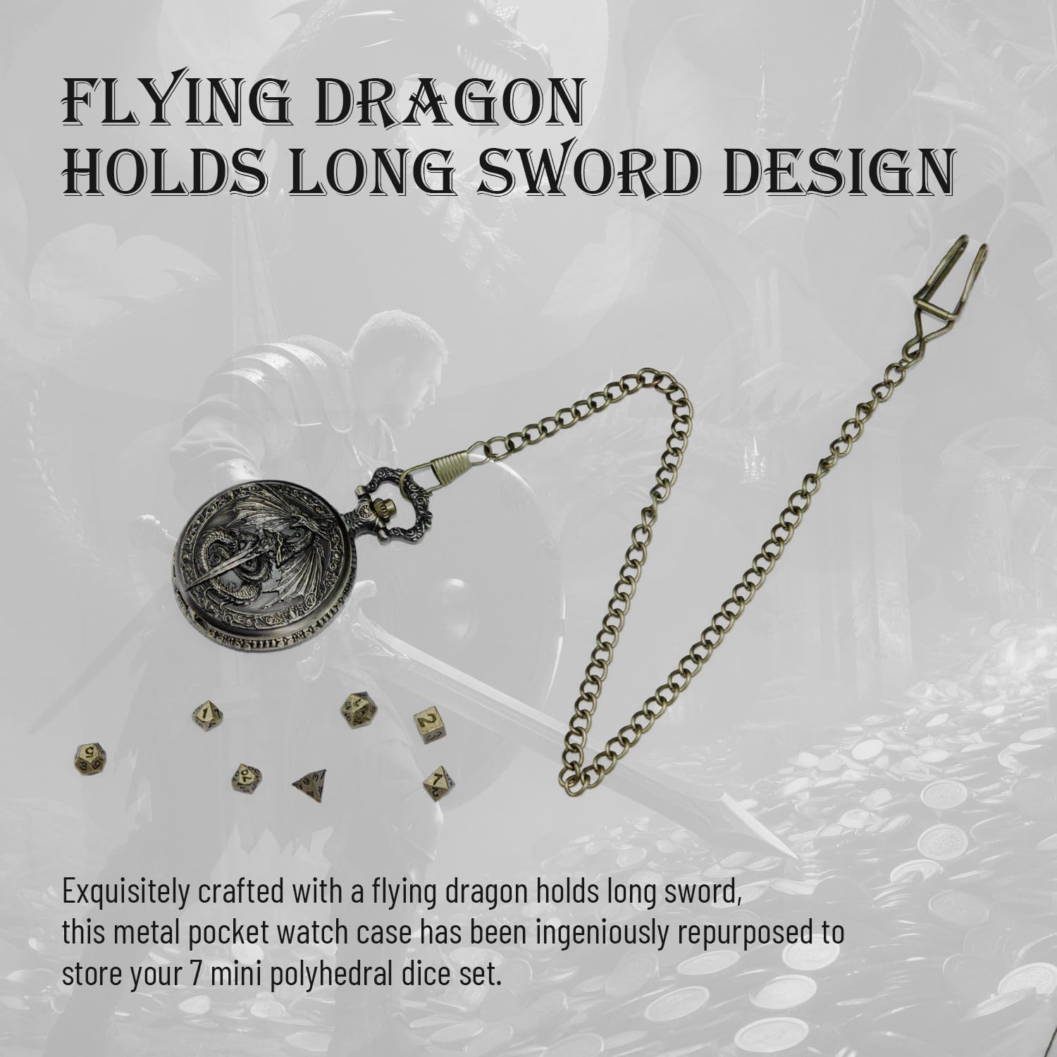 DND Dice Set, 7PCS Mini Metal Dice with Pocket Watch Shell Case, Necklace and Gift Box, Dungeons and Dragons Set for Role Playing Board Games Accessories (Dragon and Sword, Bronze)
