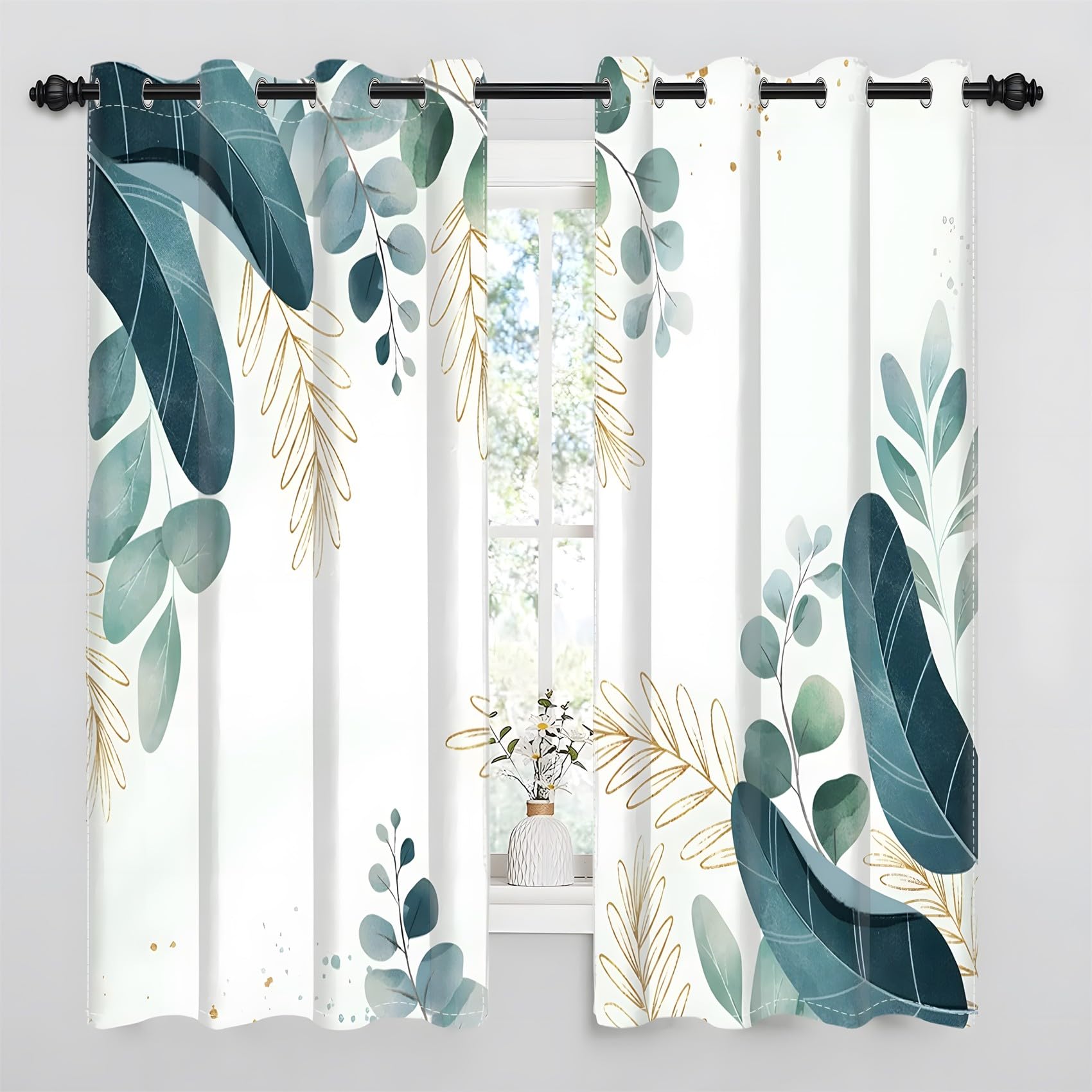 KaiHeBeding Blue Eucalyptus Leaves Blackout Curtains for Bedroom - Watercolor Leaf Patterns Living Room Curtains 90x90 Eyelet - Soft Thermal Insulated Patterned Drapes for Windows - 2 Panels
