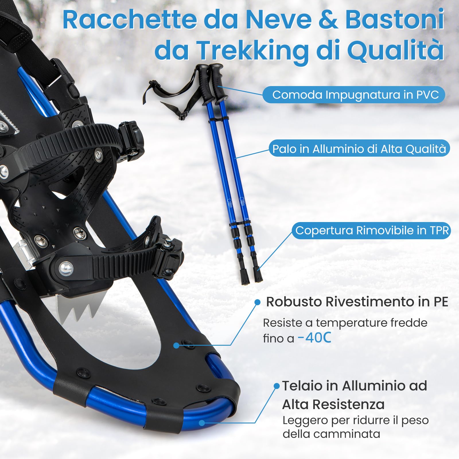 GYMAX Set Ciaspole da Neve, Racchette da Neve in Leghe di Alluminio con Bastoni da Trekking Regolabile e Borsa Impermeabile, Ideali per Donne Uomini e Bambini, Gamma di Peso 30-130 kg