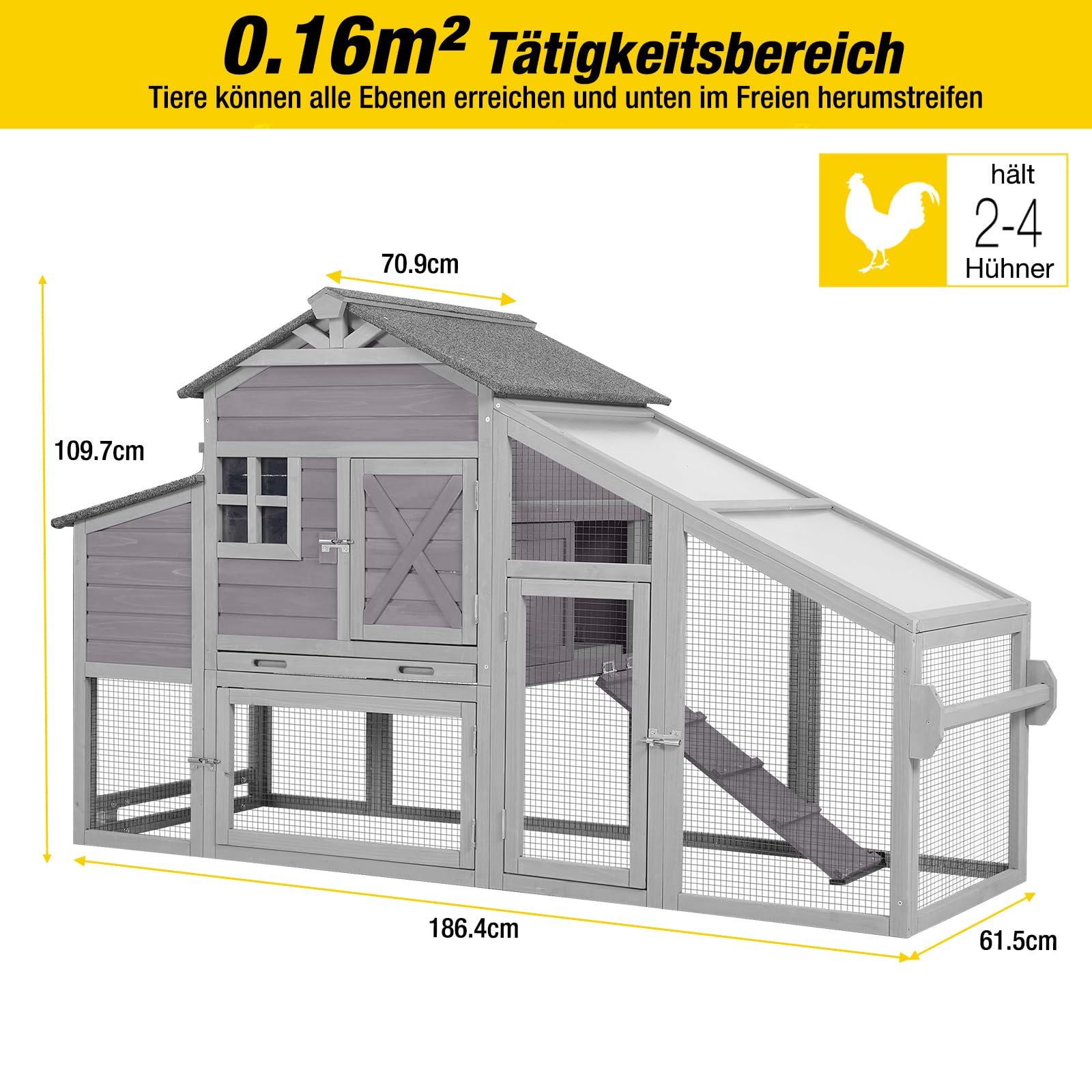Aivituvin Hühnerstall mit Rädern, Beweglicher Erweiterbarer Holzkäfig für Kaninchen & Geflügel mit großem Legekasten, undurchlässiger herausziehbarer Schubschale und UV-beständigem Dach (Grau)