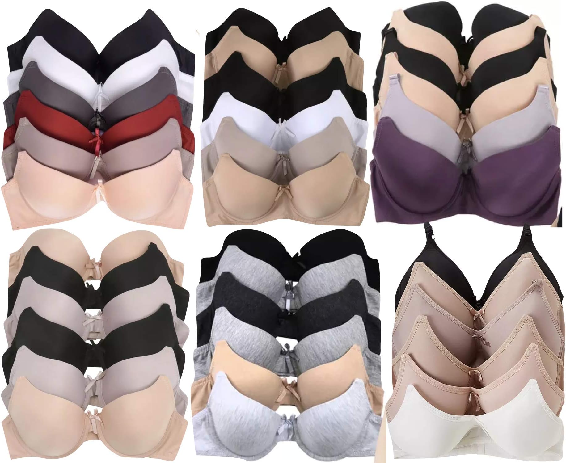 Women’s 6 Pack Random Selection Padded Support Bras - Sizes 30A to 46DDD