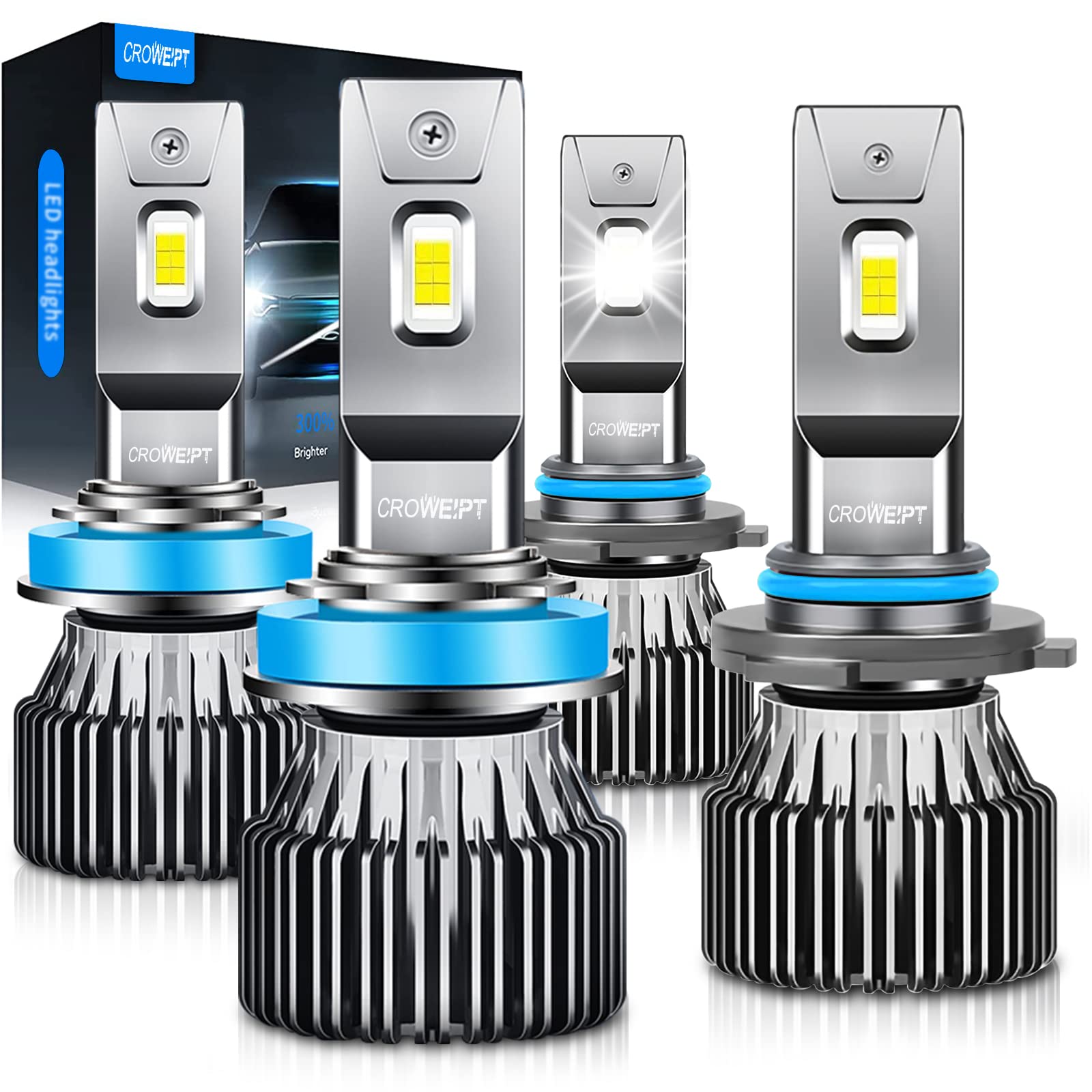 H11 Low Beam 9005 High Beam LED Headlight Bulbs Combo, H8/H9 HB3 6000K Cool White Super Bright LED Headlights Conversion Kit, Plug and Play, Pack of 4