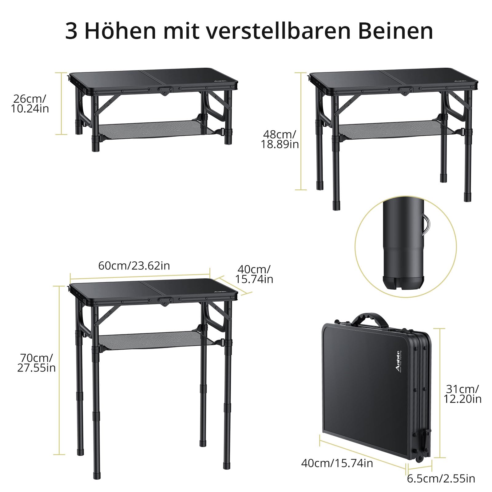 Anbte Campingtisch Klappbar 60x40cm Aluminium Rahmen 3 Höhenverstellbar 26/48/70cm Koffertisch mit Aufbewahrungsnetz Tragbar Picknicktisch für Camping Strand Balkon (Ganz Schwarz)
