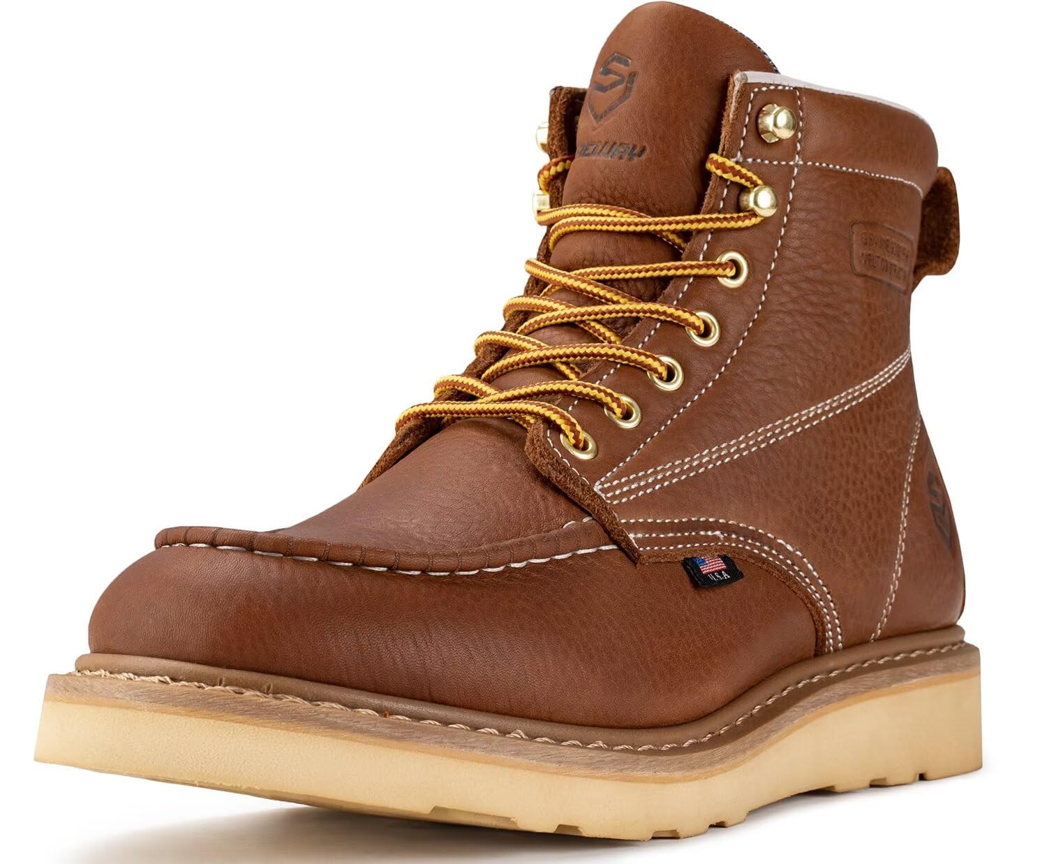 SUREWAY 6” Wedge Moc Toe Work Boots for Men - Soft Toe,Premium Full-Grain Leather,Lightweight Work Boots/Shoes,Comfort Insole,Oil/Slip Resistant,Real Goodyear,EH Rated Industrial Construction Boots