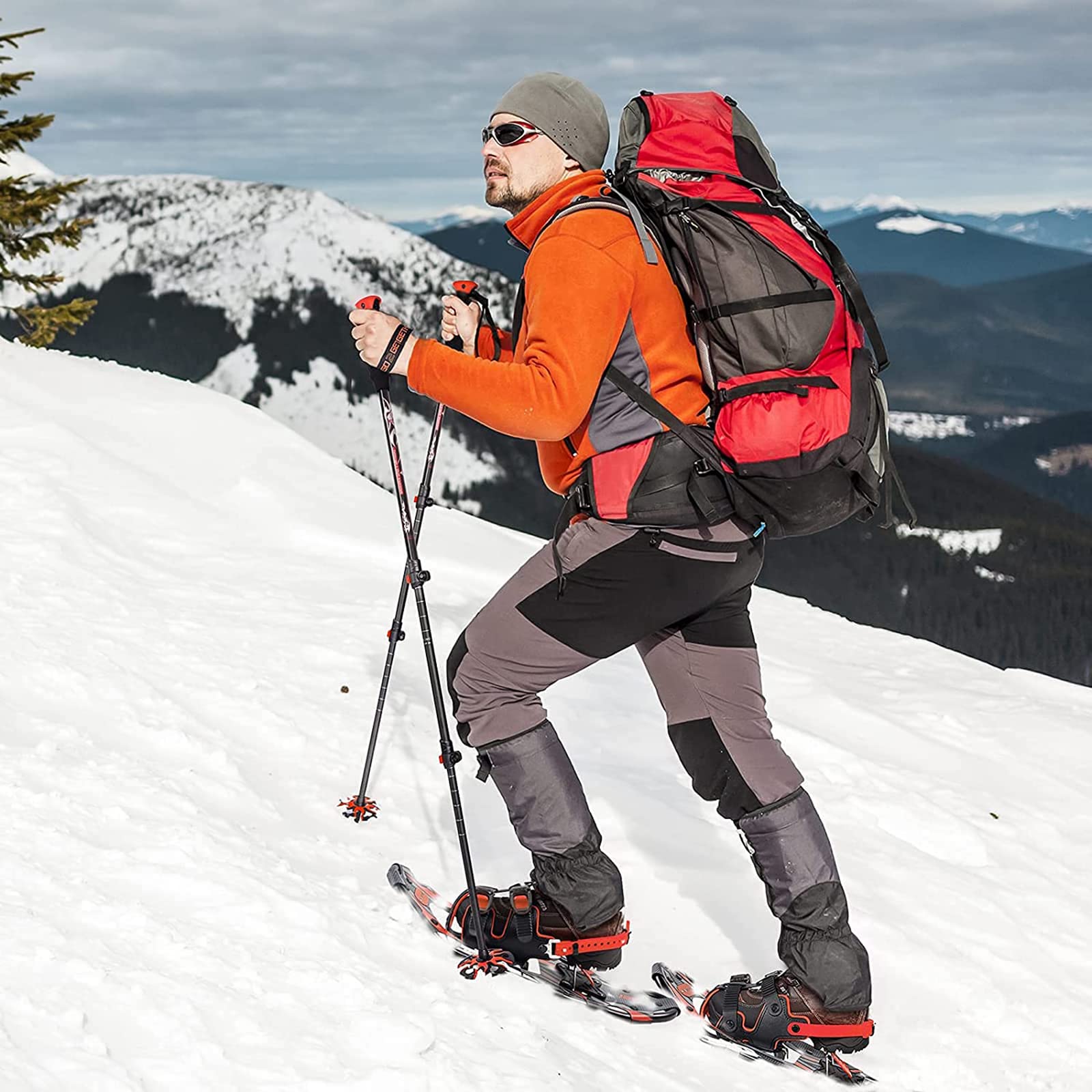 Zestaw rakiet śnieżnych z kijkami trekkingowymi i torbą do przenoszenia, wyściełane wiązanie z grzechotką EVA, podnoszenie pięty, pasuje do rozmiaru buta 35-45