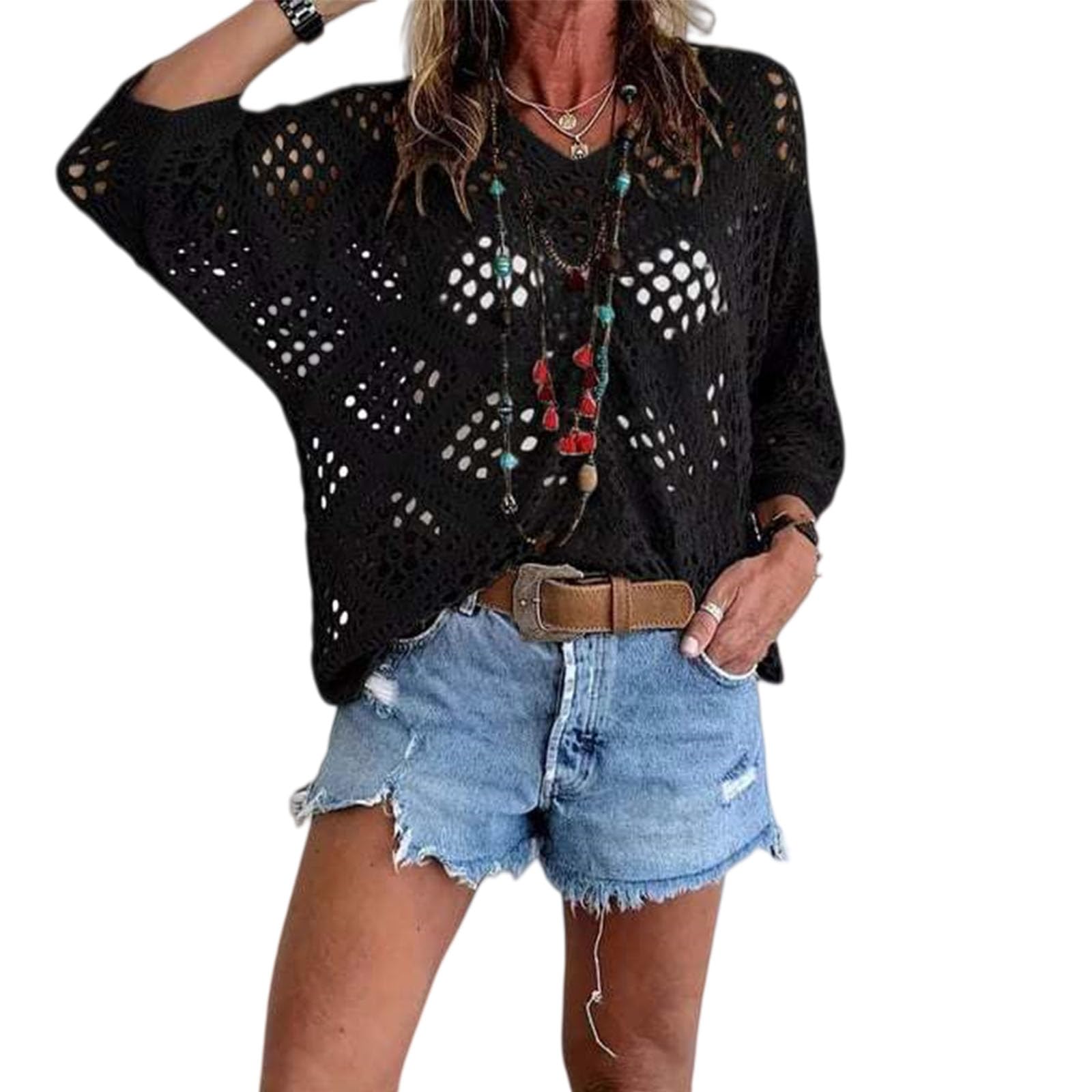 OLYGEE Boho Crochet Tops for Women, V Neck 3/4 Sleeve Hollow Out Summer Beach Cover Up (Black,m)