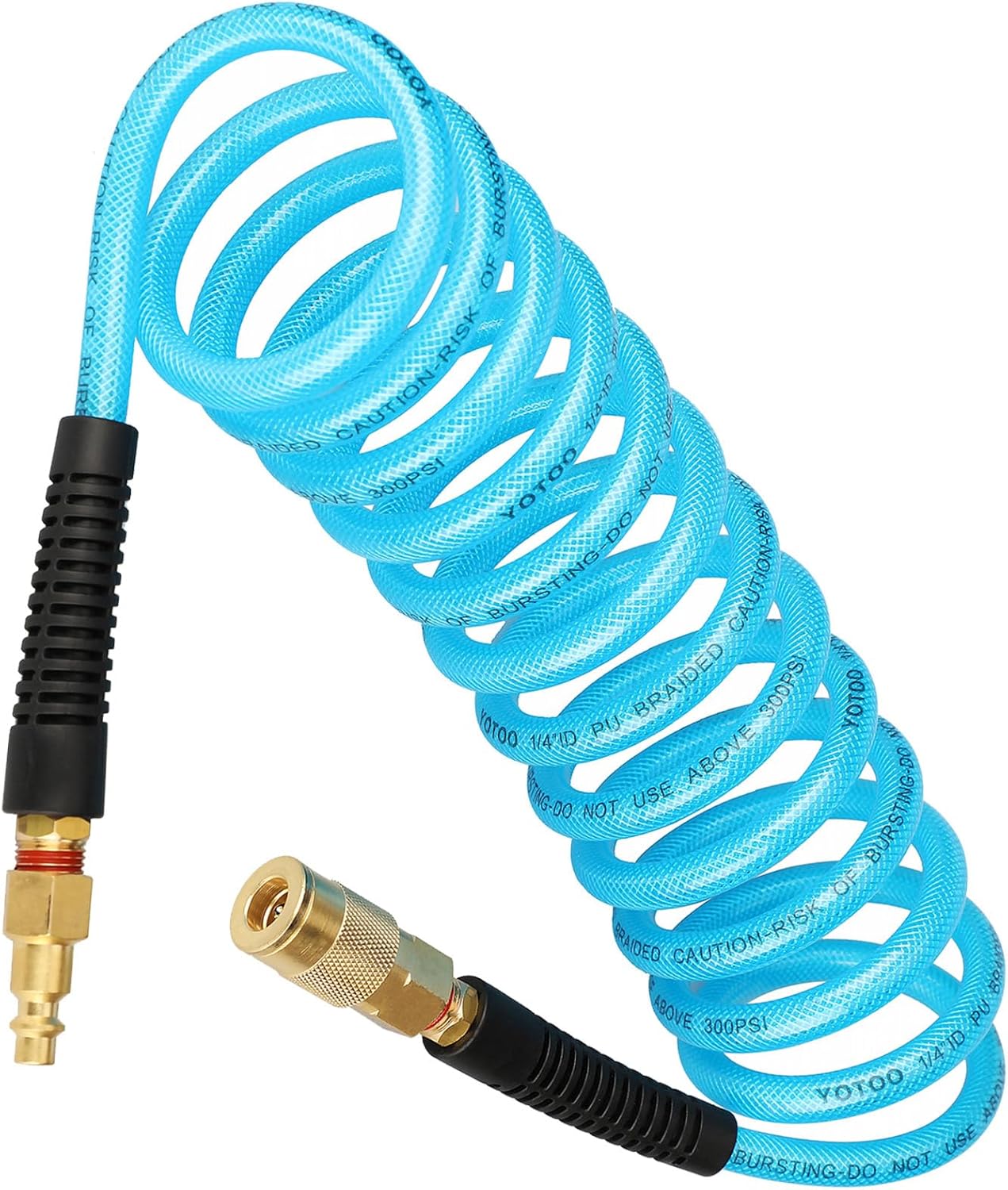 YOTOO Reinforced Polyurethane Recoil Air Hose 1/4" Inner Diameter by 10' Long, Heavy Duty, Flexible Air Compressor Hose with Bend Restrictor, 1/4" Swivel Industrial Quick Coupler and Plug, Blue