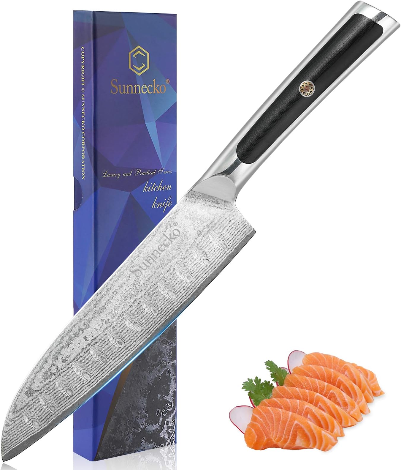 SunneckoSantoku Knife 7 inch, Damascus Chef Knife VG-10 Steel Blade, Sharp Kitchen Knives with G10 Handle, Perfect for Professional Home Use Cutting Knives