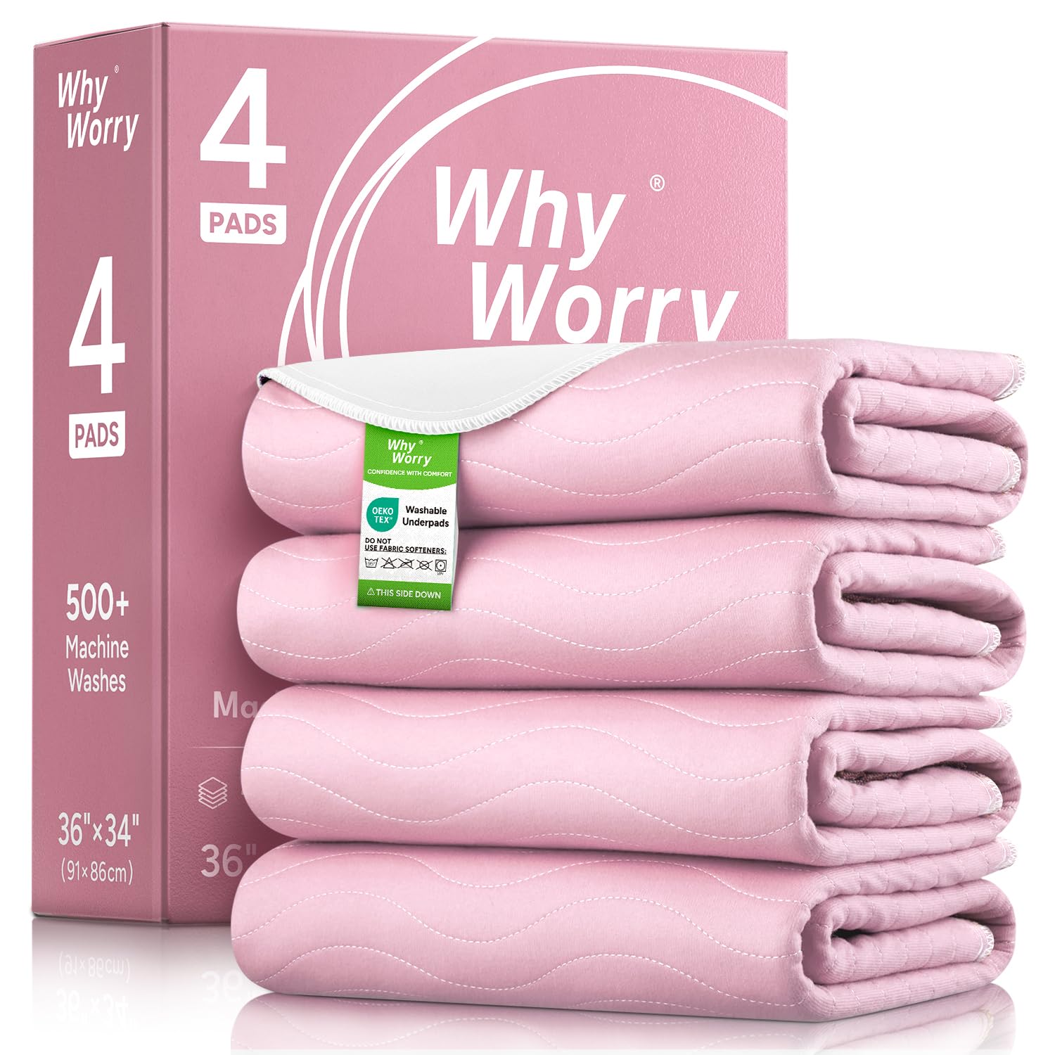 WHYWORRY Empapadores Cama Adultos Lavables 86 x 91 cm para Incontinencia, Protector Cama Impermeable Reutilizable Absorbente, Salvacamas Impermeable, 4 Capas de Protección, Oeko-Tex, Rosa, 4 Unidades