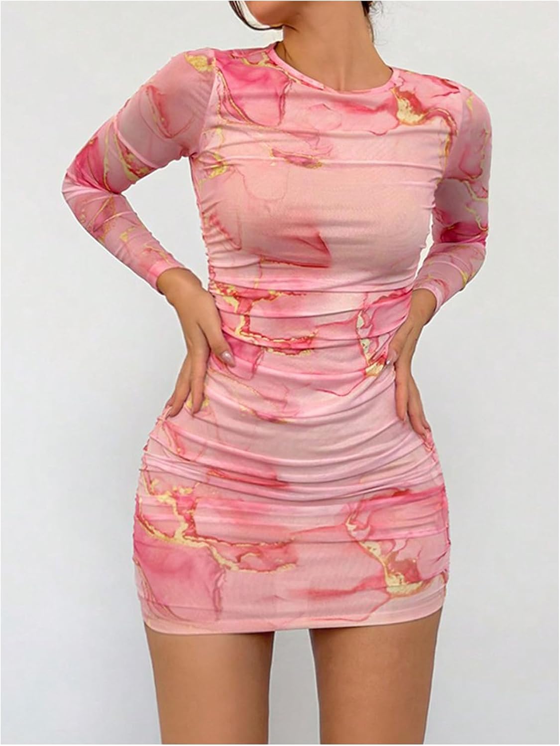 Floerns Women's Graphic Mesh Party Mini Dress Long Sleeve Ruched Night Out Bodycon Dresses - Image 4