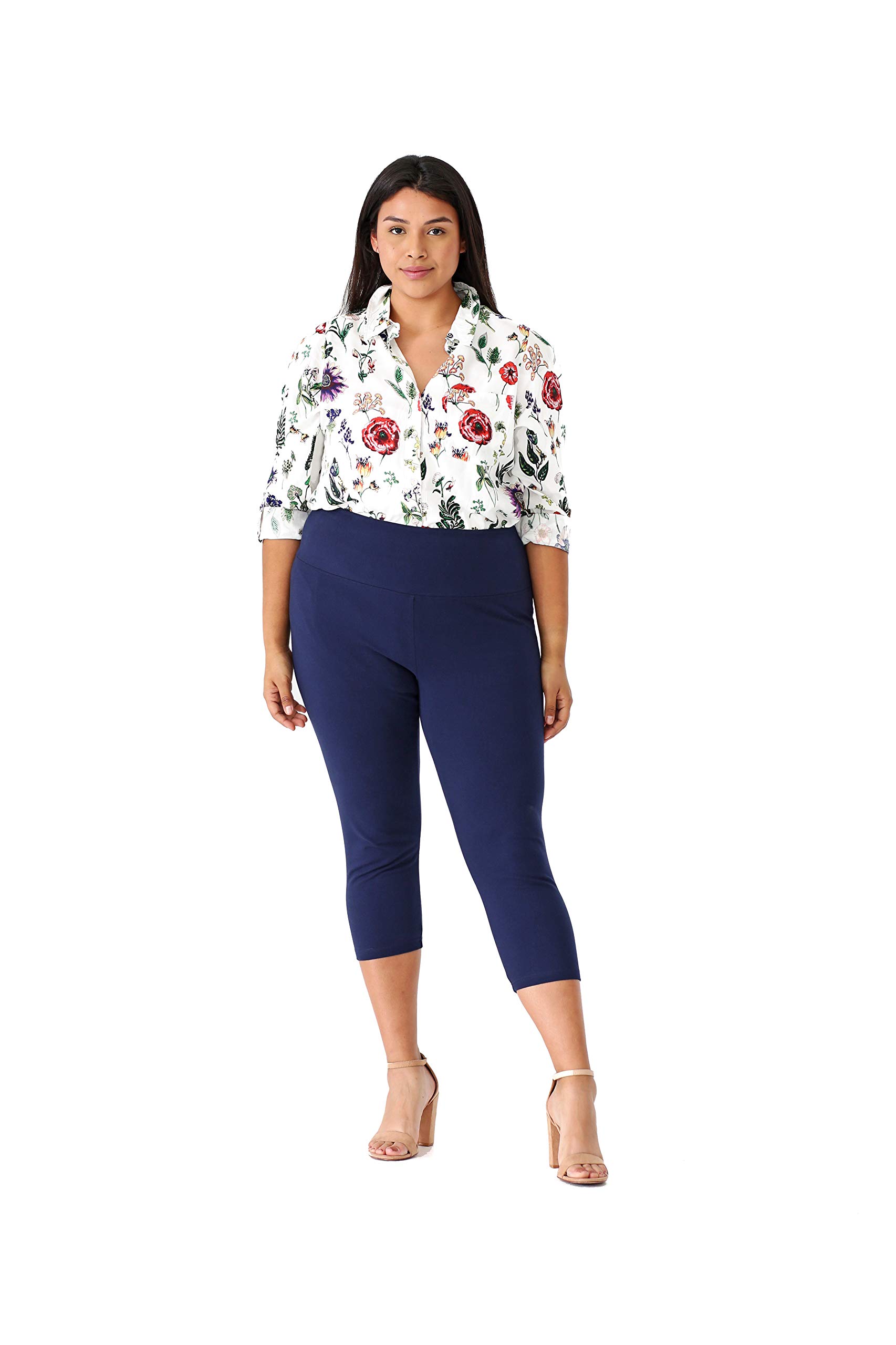 Leggings taille haute à enfiler, longueur corsaire en coton/élasthanne - Bleu - Taille M