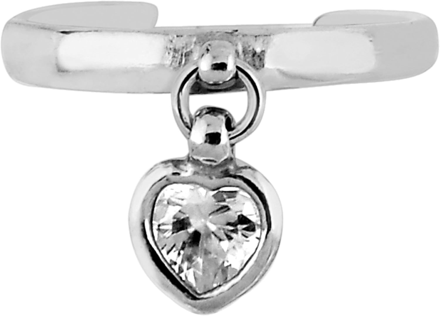 Ritastephens 925 Sterling Silver Adjustable Toe Ring with Dangle Heart – Cubic Zirconia Body Jewelry, Shiny Finish, Open End Band, Nickel Free, Hypoallergenic, Hallmarked 925, Gift Box Included