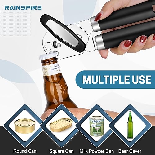 Miniatura 5 de Rainspire Abrelatas manual mejorado con abridor de botellas corte de borde liso, abrelatas resistente, mango suave cómodo, abrebotellas integrado,