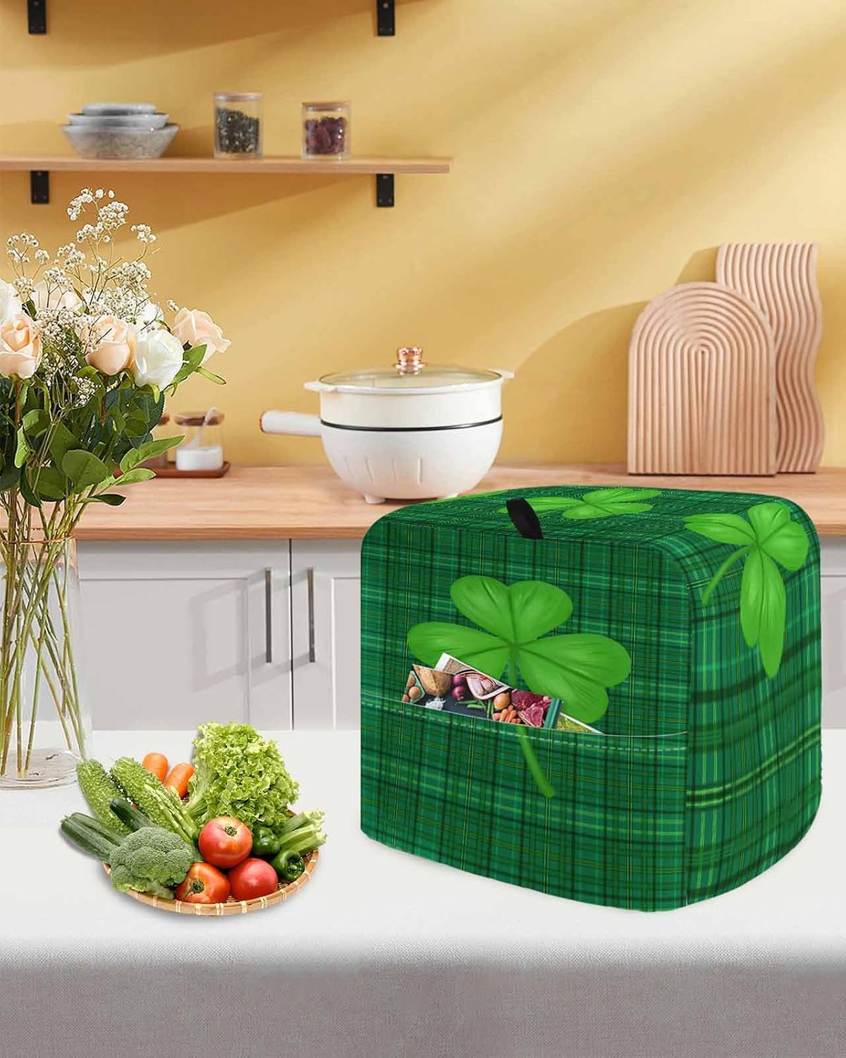St. Patrick's Day Stand Mixer Cover with Storage Pocket, Waterproof Kitchen Mixer Covers, Spring Green Shamrock Grass Checked Kitchen Appliance Dust Cover Compatible with 5-8 Quart Mixers