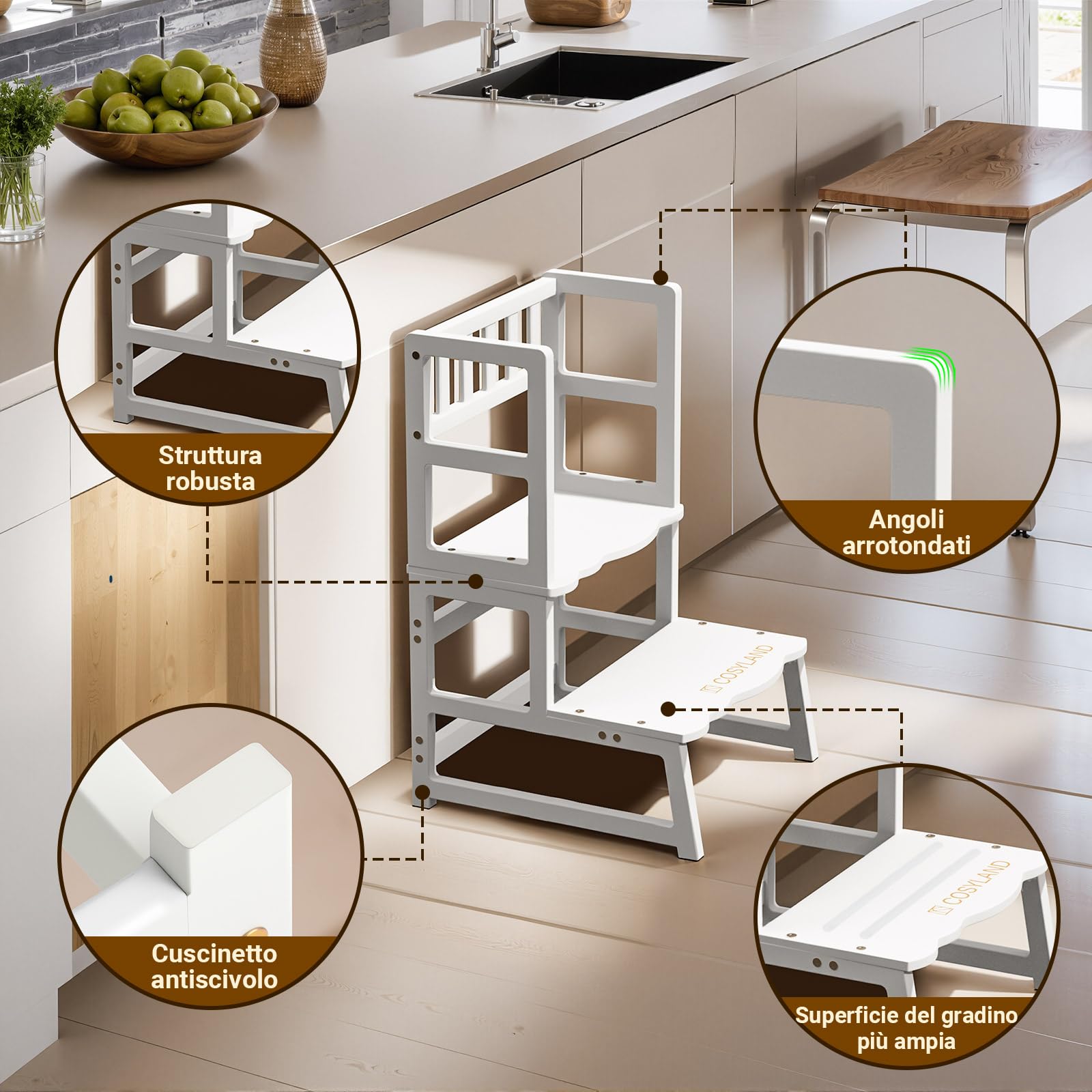 COSYLAND Torre Montessoriana 2 in 1 per Bambini con Protezione Rimovibile 136 kg Bianco
