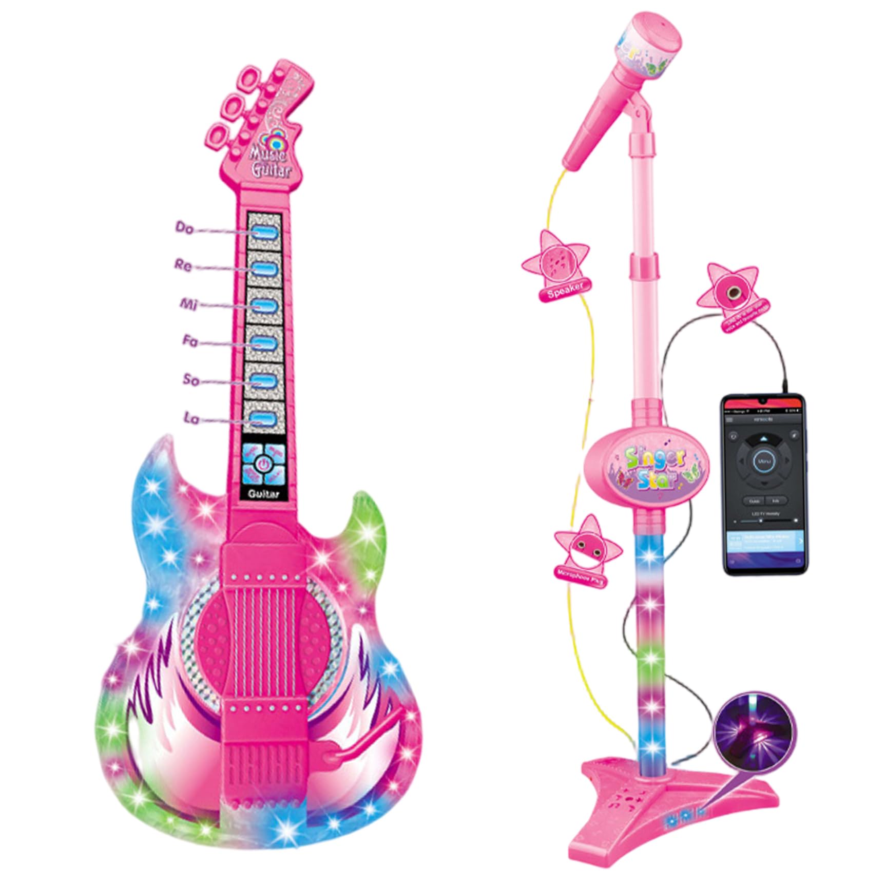 Kids Toy Guitar & Mic - 2 in 1 with Music Light Adjustable Stand, Learning Instrument for Children