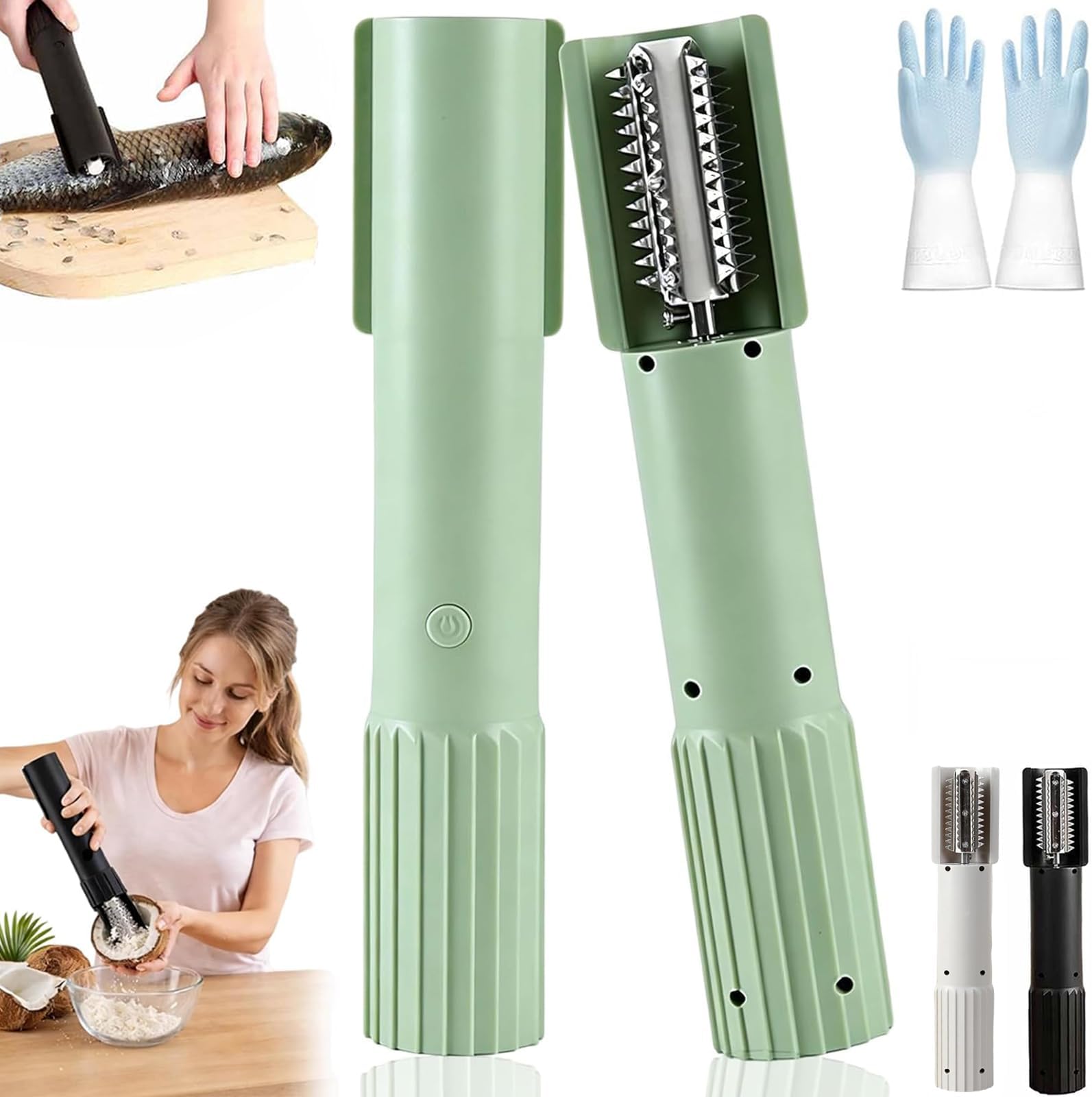 Handheld Electric Coconut Grater Machine, Wireless Efficient Coconut Scraper Peeler Shredder, Anti-Splash Rotating Peeler for Grated Coconuts and Fish Scales Peeling (Green)