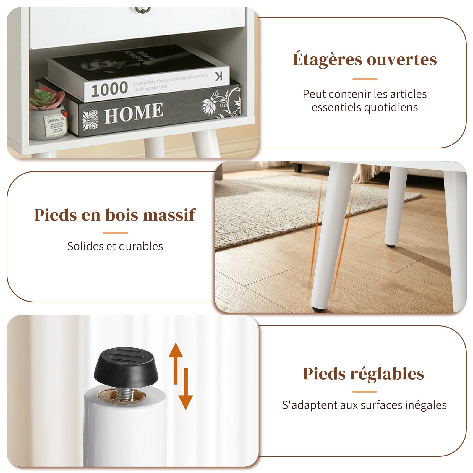 LEADZM Table de Chevet, Tables Basses avec 1 tiroir 1 étagère Ouverte Table d'appoint, Meuble de Nuit, Commode de Nuit, 38 x 30 x 55 cm (1, Blanc)